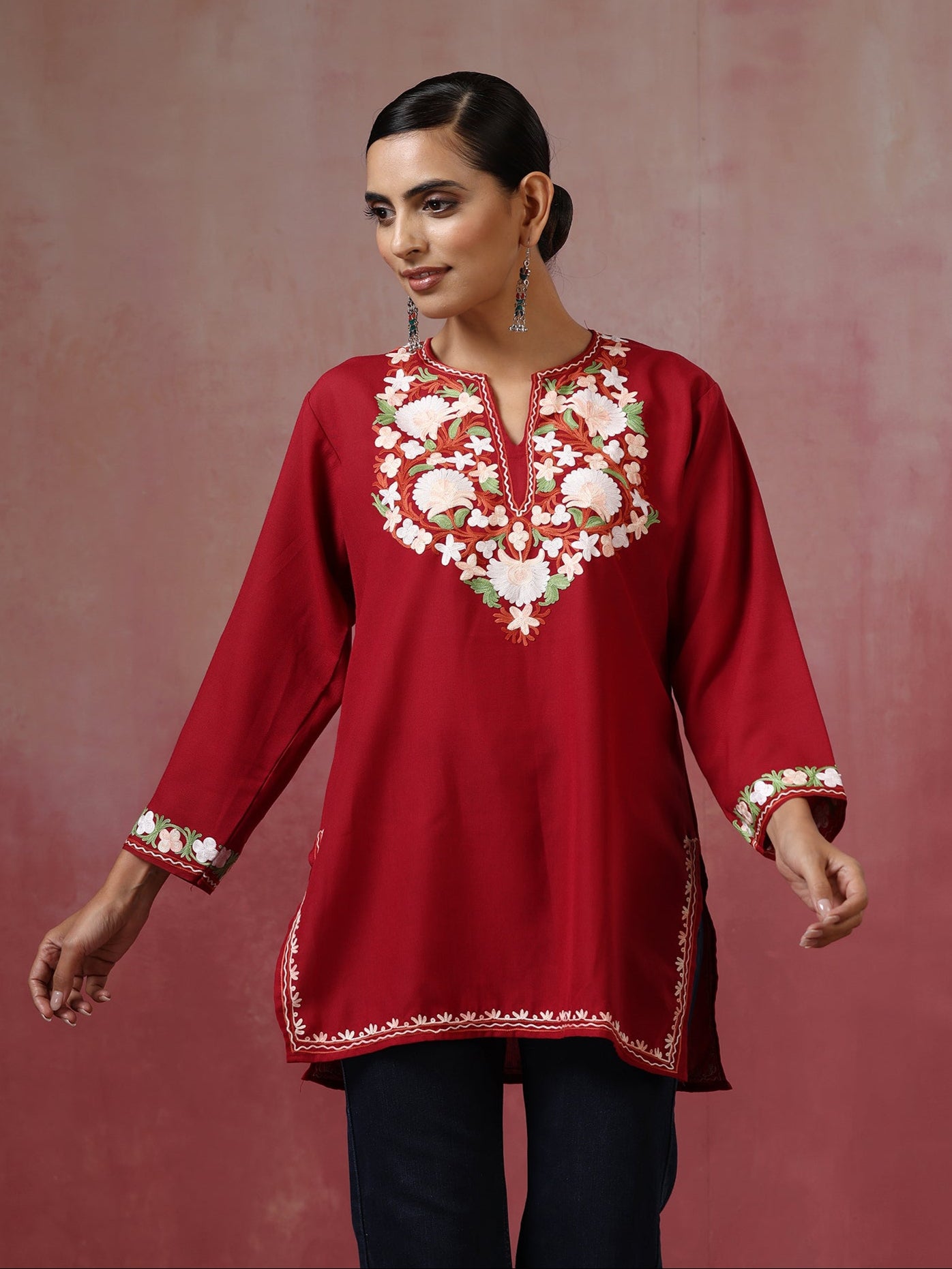 Isra_Maroon_Kashmiri_Short_Cotton_Kurta_shop_Namastay