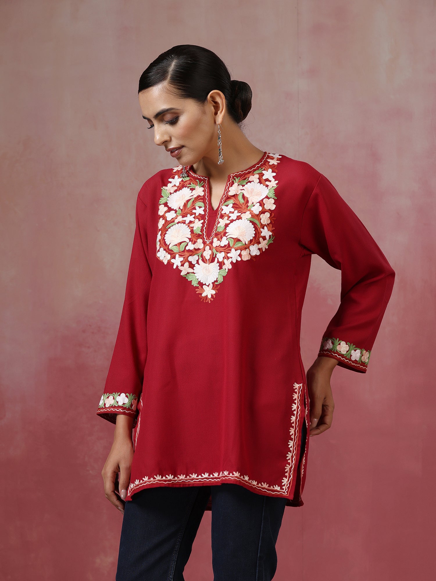 Isra_Maroon_Kashmiri_Short_Cotton_Kurta_shop_Namastay