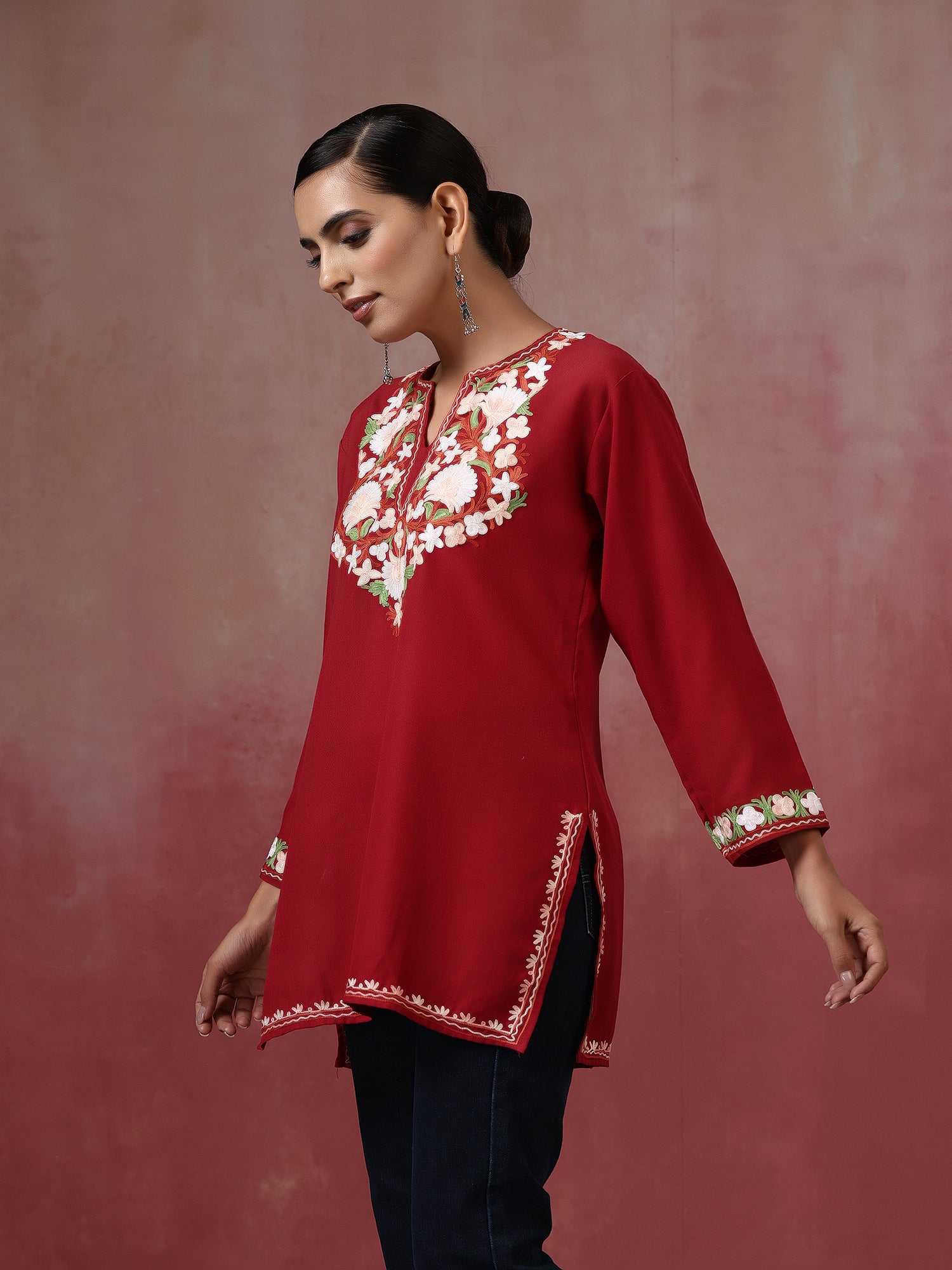 Isra_Maroon_Kashmiri_Short_Cotton_Kurta_shop_Namastay