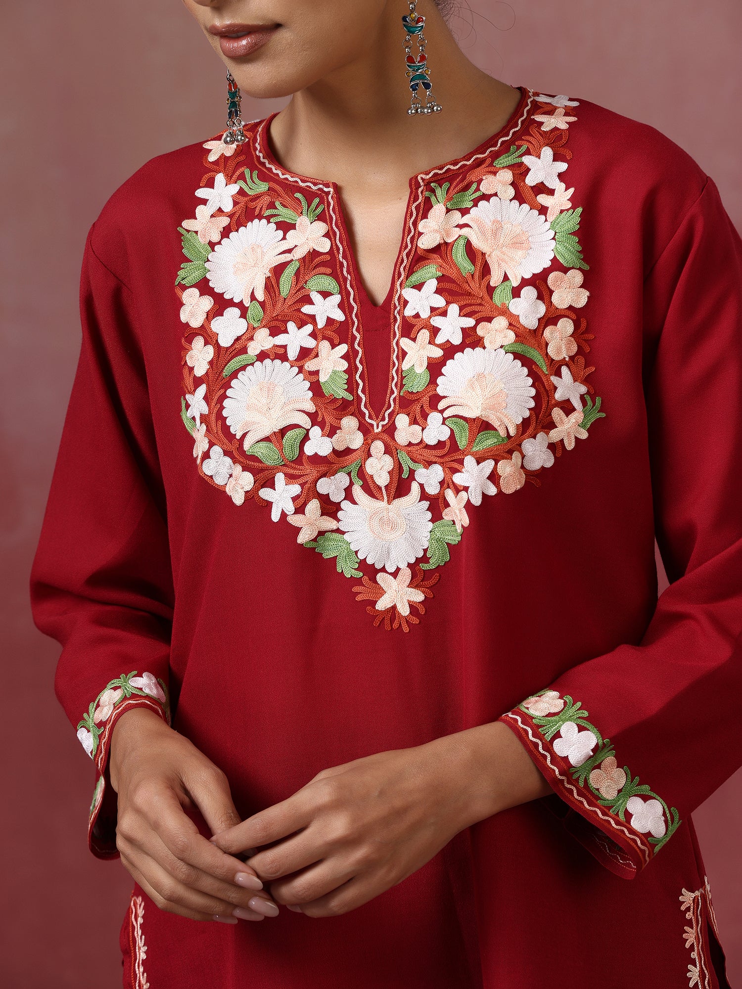 Isra_Maroon_Kashmiri_Short_Cotton_Kurta_shop_Namastay