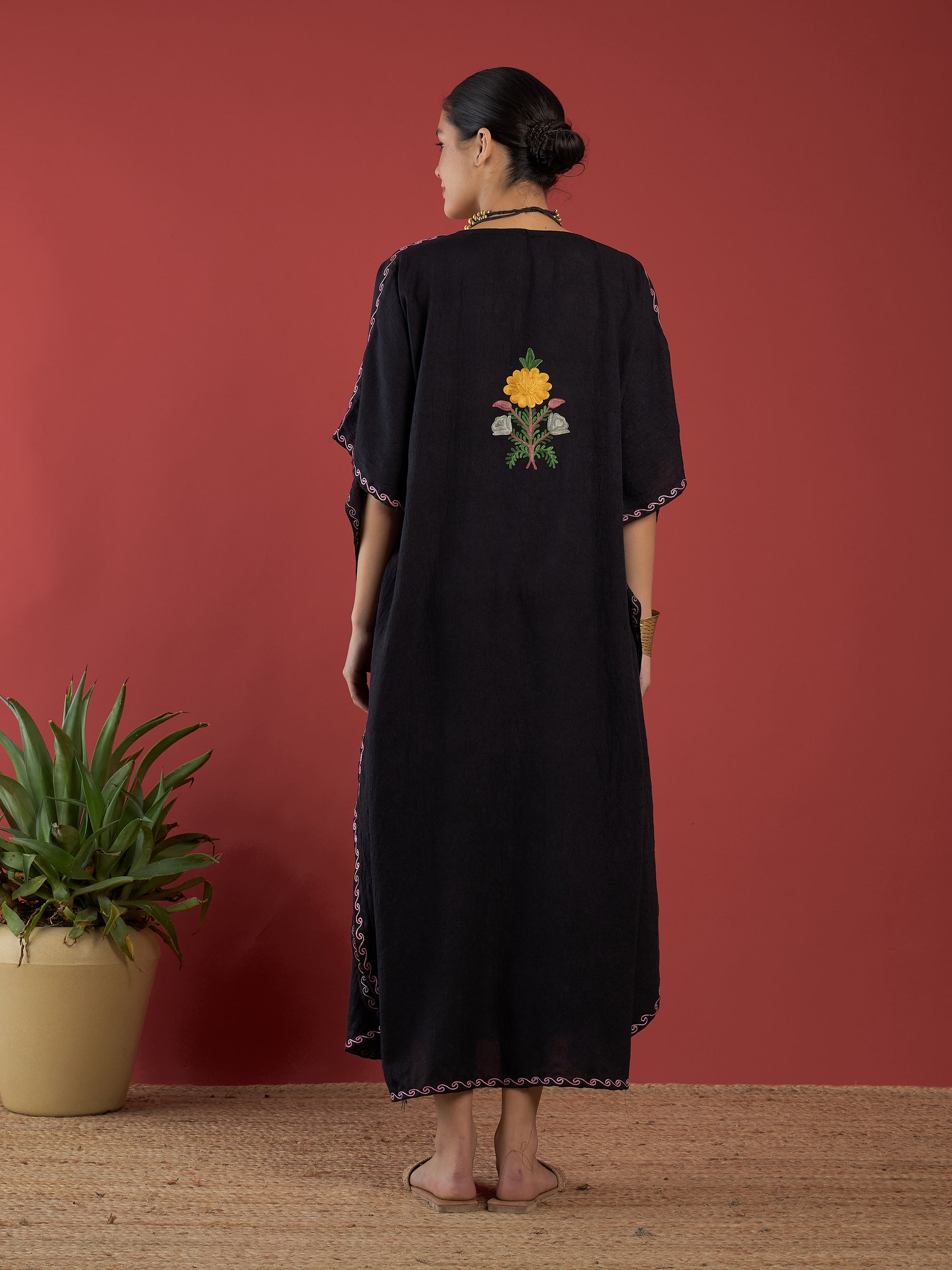 Jet_Black_Aari_Embroidered_Kashmiri_Long_Cotton_Kaftan_shop_Namastay