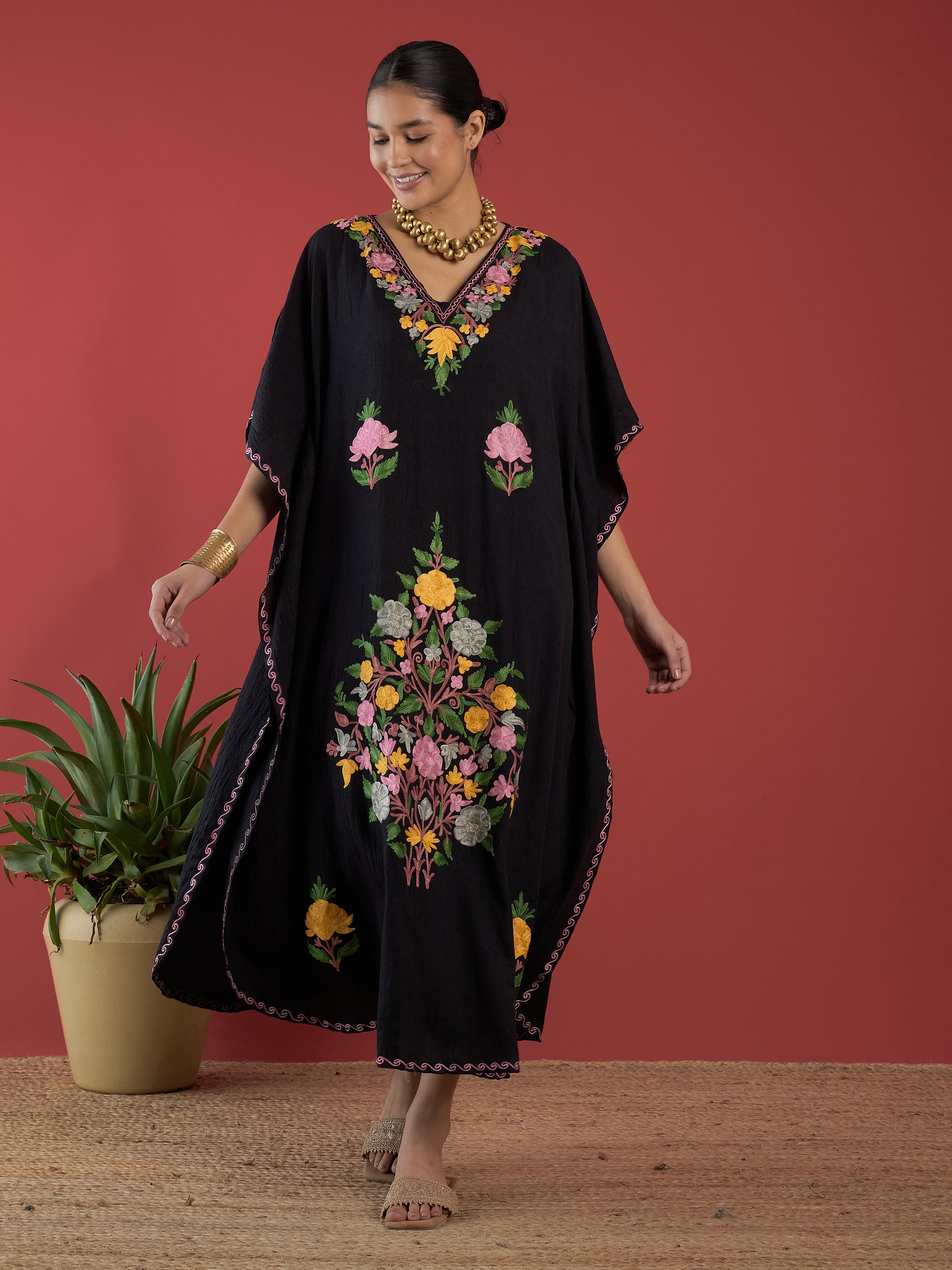 Jet_Black_Aari_Embroidered_Kashmiri_Long_Cotton_Kaftan_shop_Namastay