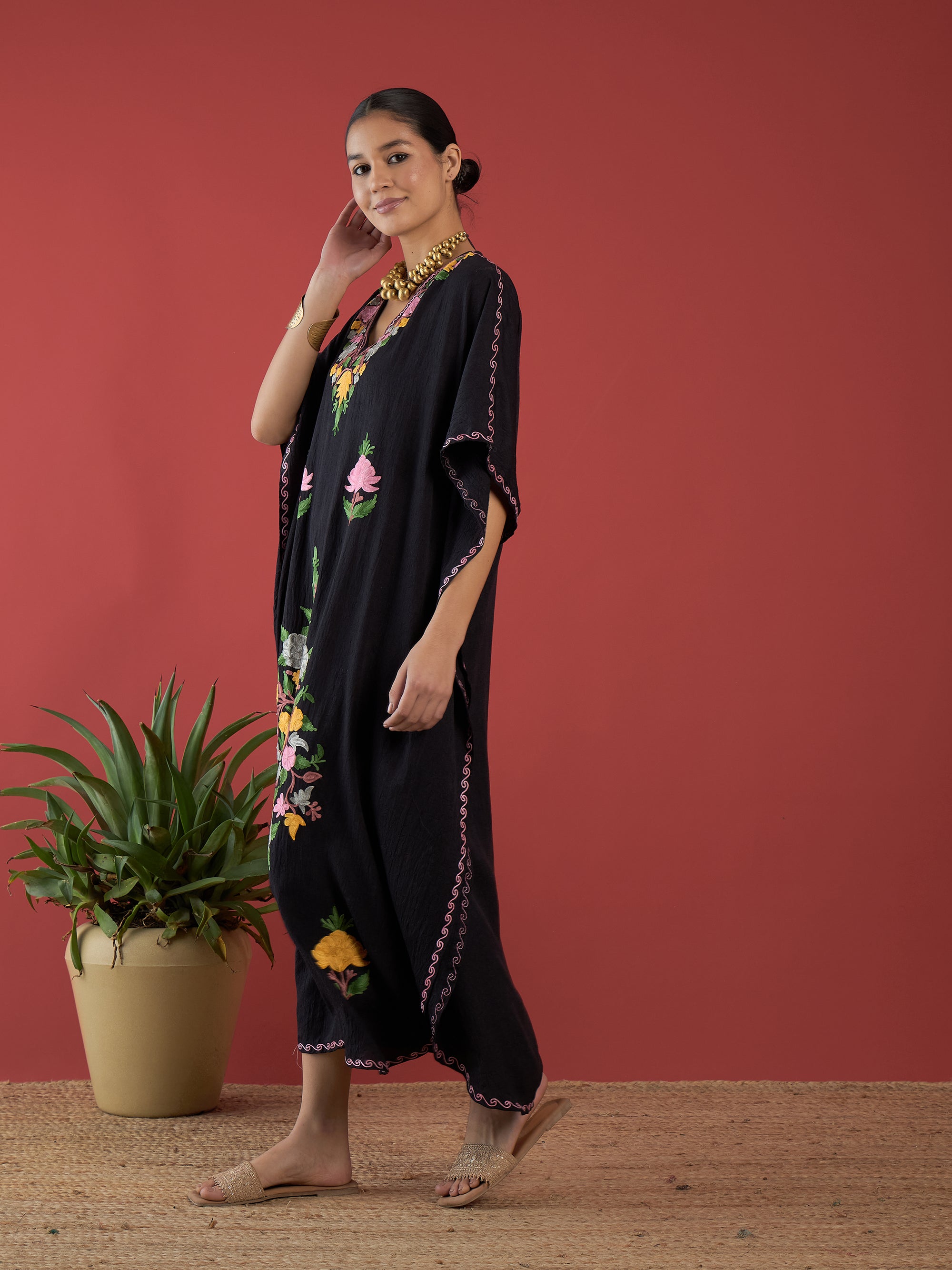 Jet_Black_Aari_Embroidered_Kashmiri_Long_Cotton_Kaftan_shop_Namastay