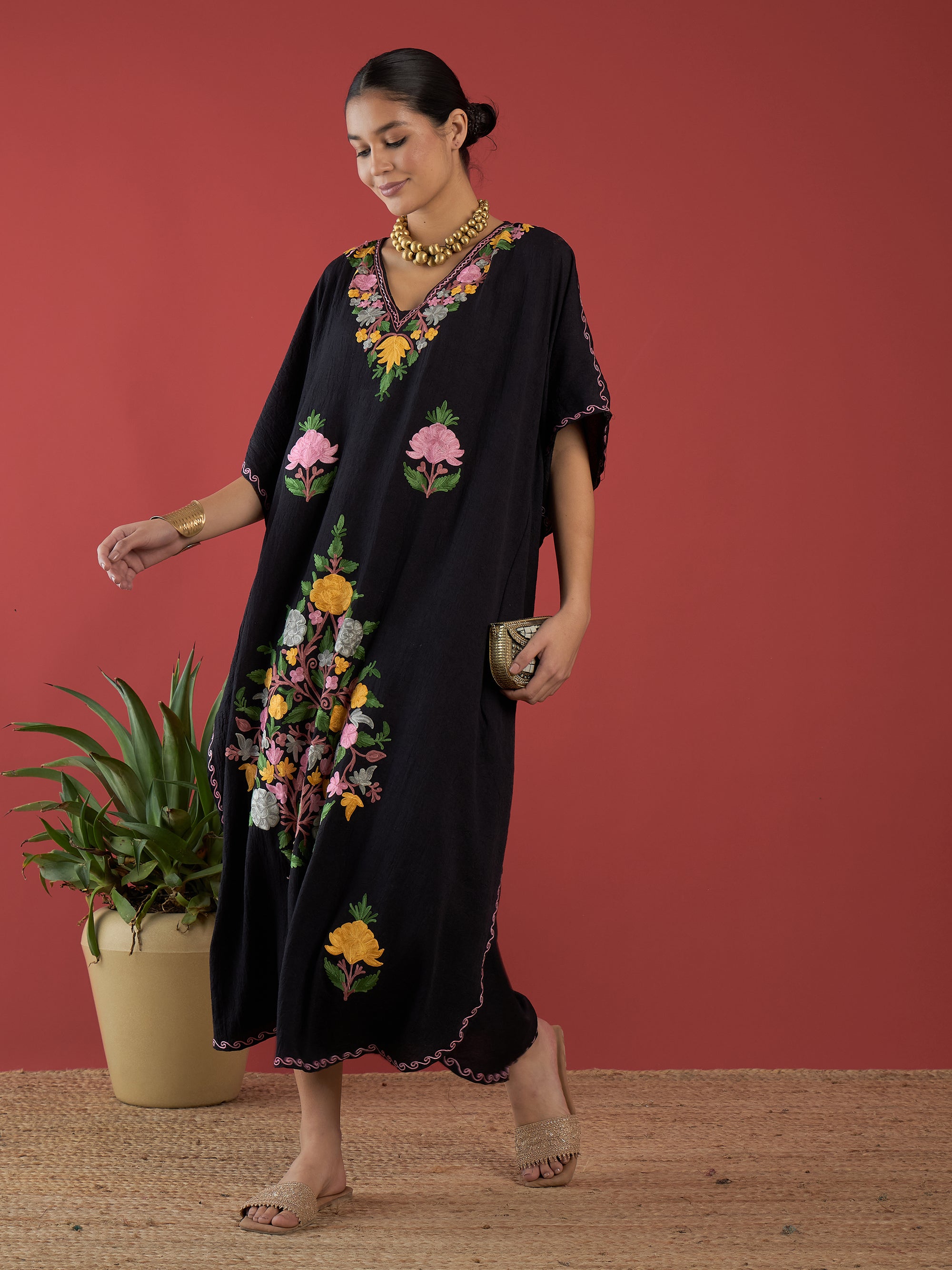 Jet_Black_Aari_Embroidered_Kashmiri_Long_Cotton_Kaftan_shop_Namastay