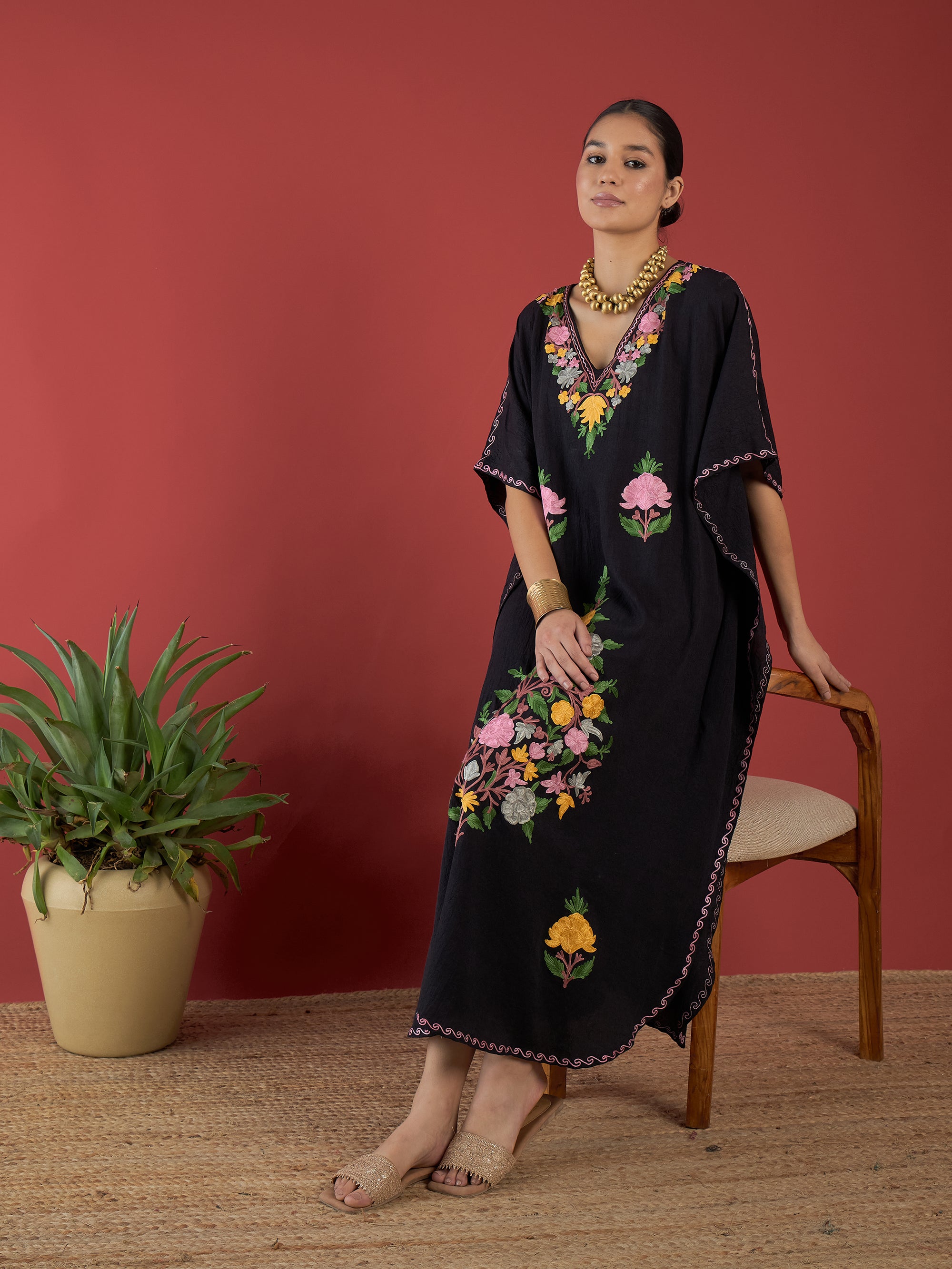 Jet_Black_Aari_Embroidered_Kashmiri_Long_Cotton_Kaftan_shop_Namastay