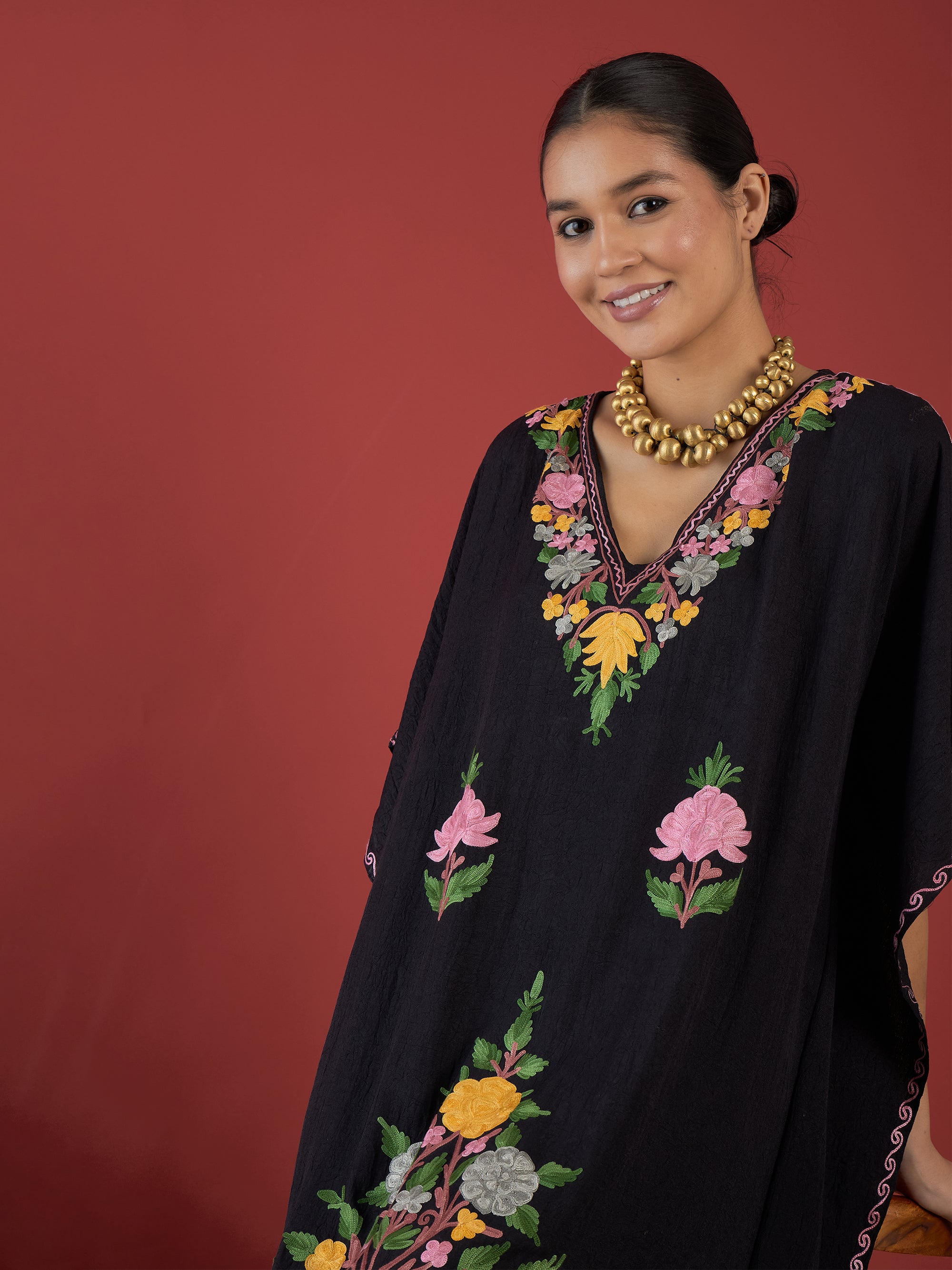 Jet_Black_Aari_Embroidered_Kashmiri_Long_Cotton_Kaftan_shop_Namastay