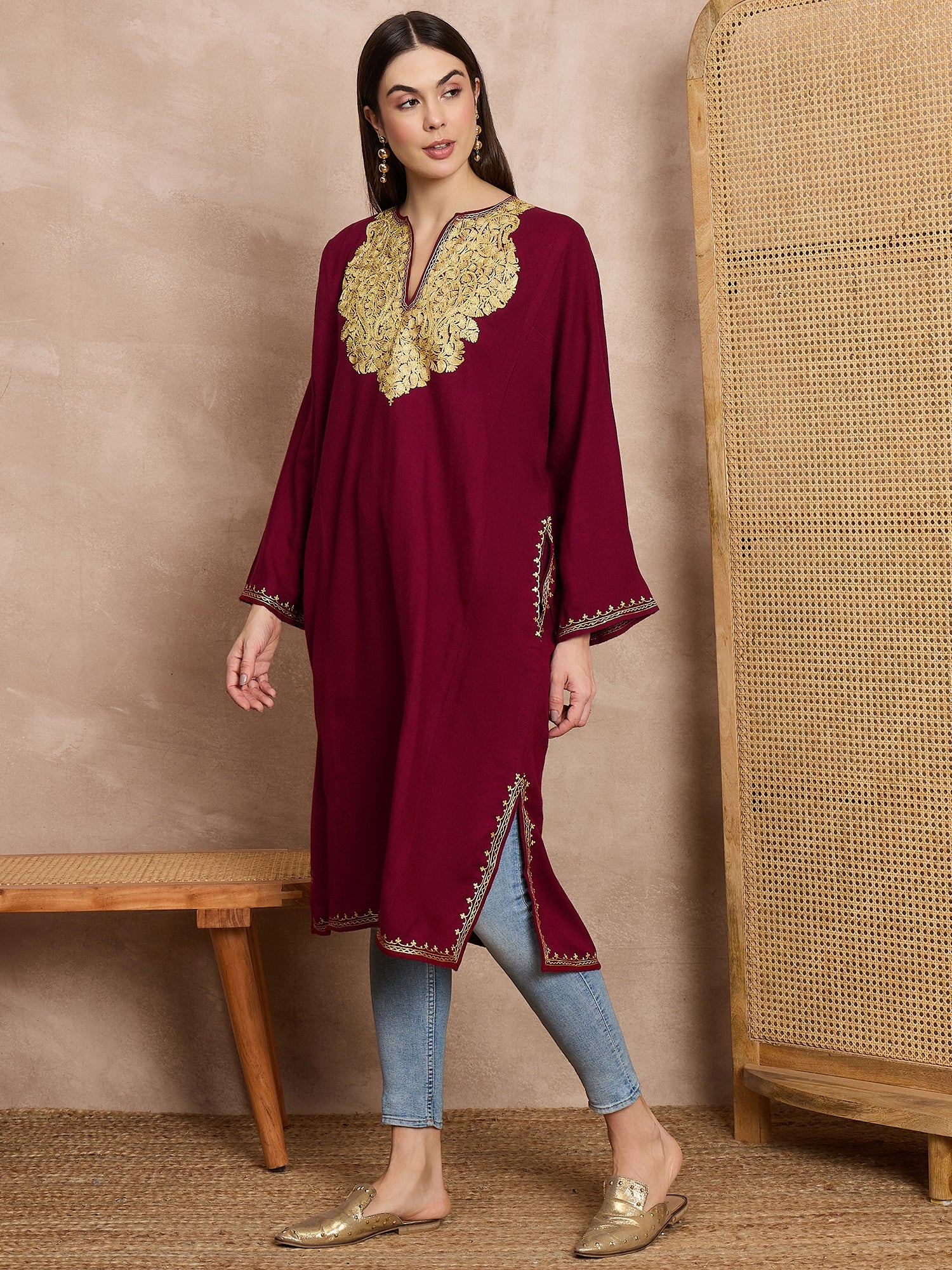 Lyla Maroon Kashmiri Woolen Phiran with Zari Embroidery Shopnamastay