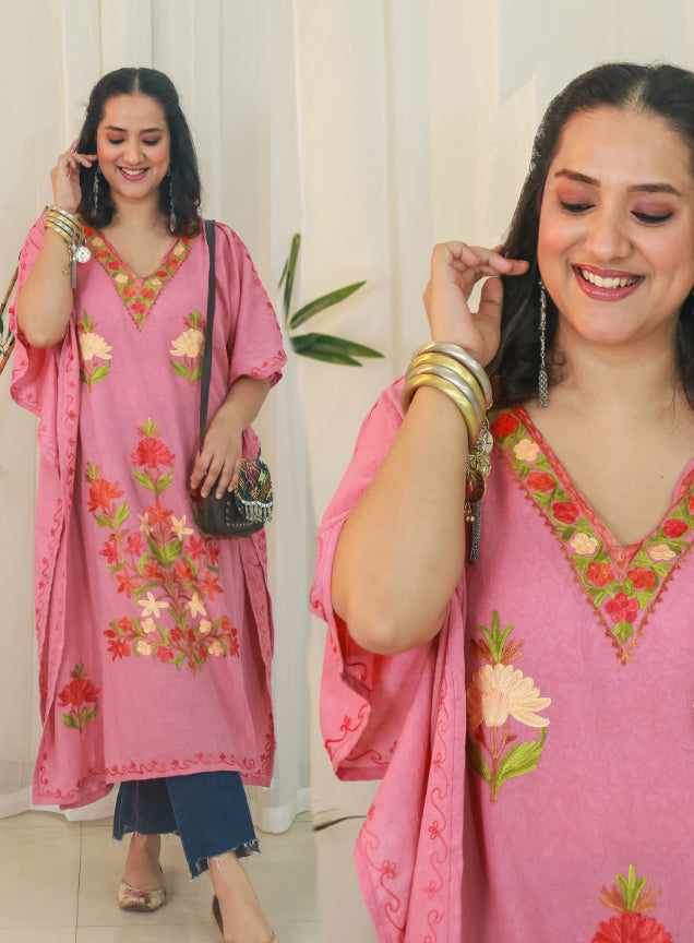 Pretty Peach Kashmiri Summer Short Cotton Kaftan