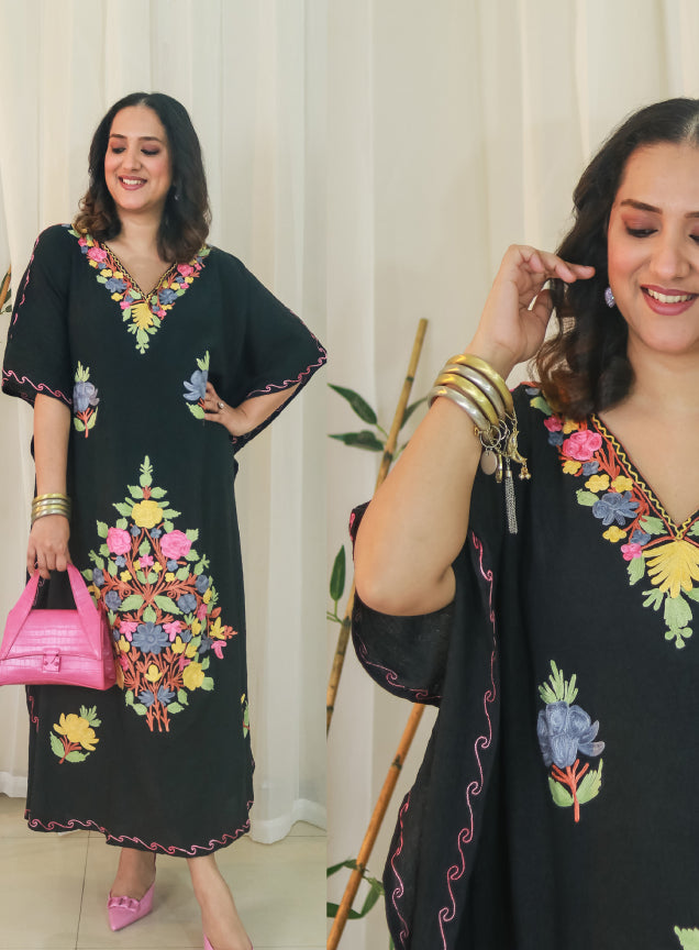 Jet Black Aari Embroidered Kashmiri Long Cotton Kaftan