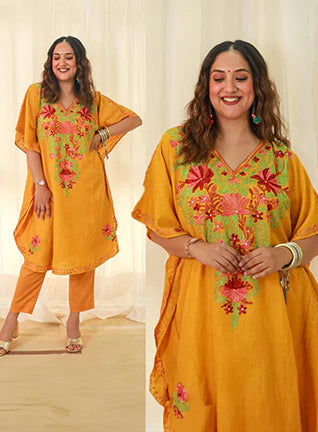 Mustard Yellow Kashmiri Embroidered Short Cotton Kaftan