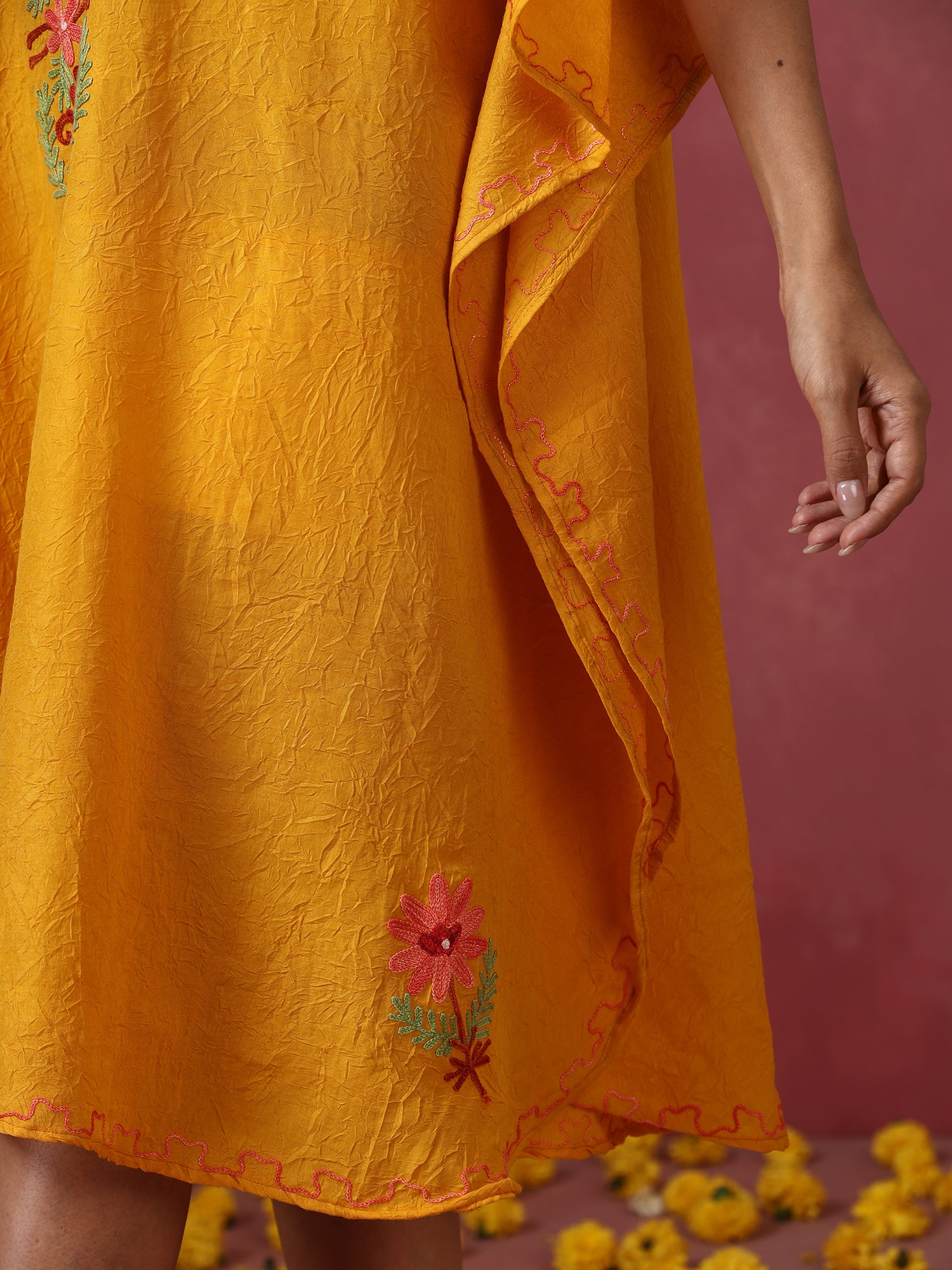 Mustard Yellow Kashmiri Embroidered Short Cotton Kaftan