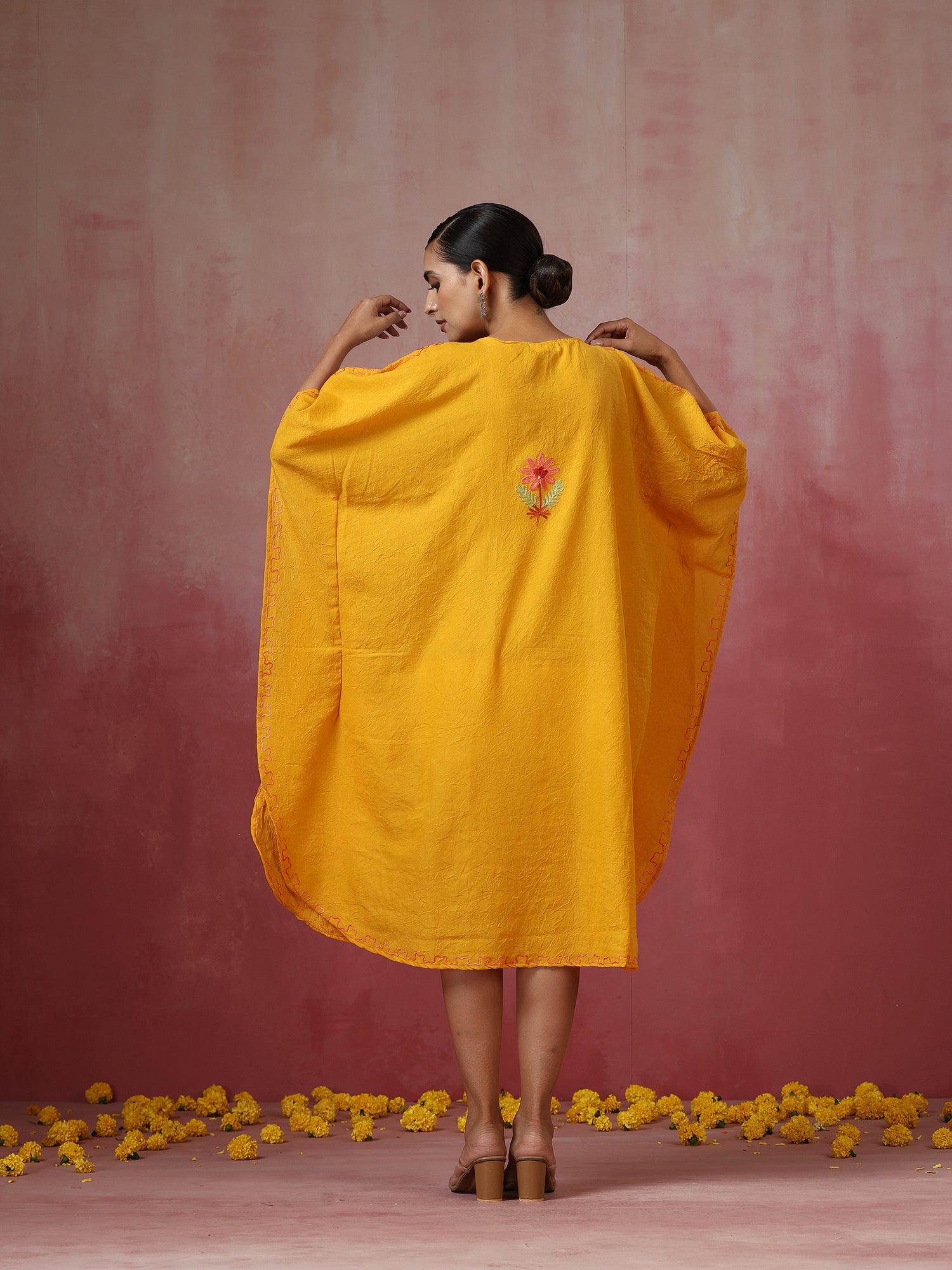 Mustard_Yellow_Kashmiri_Embroidered_Short_Cotton_Kaftan_shop_Namastay
