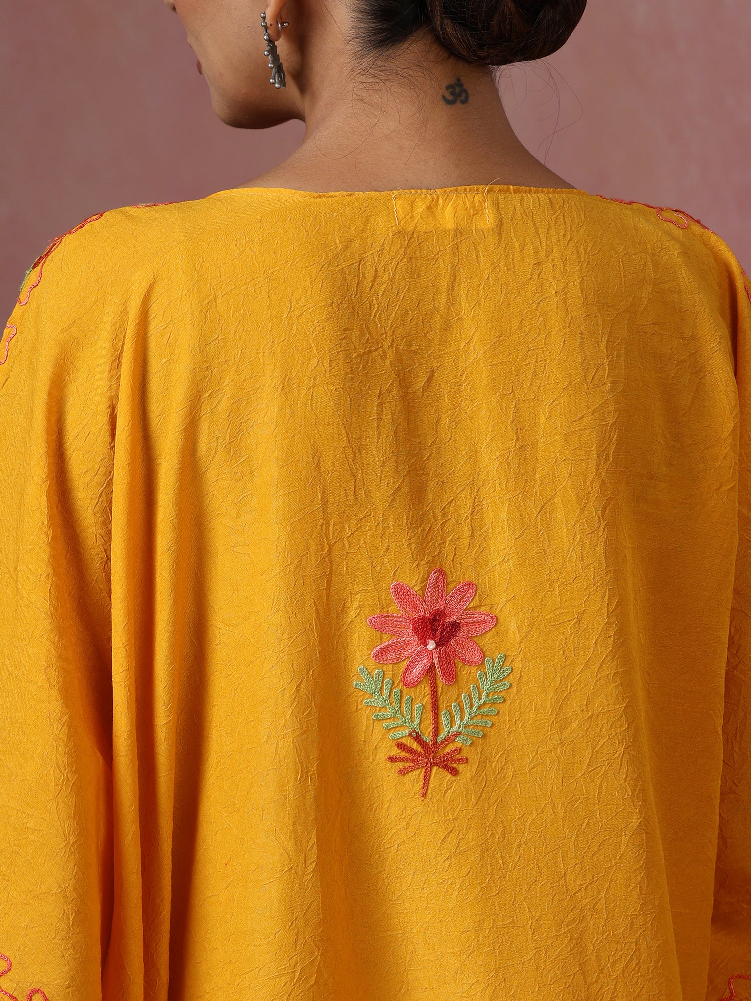 Mustard_Yellow_Kashmiri_Embroidered_Short_Cotton_Kaftan_shop_Namastay
