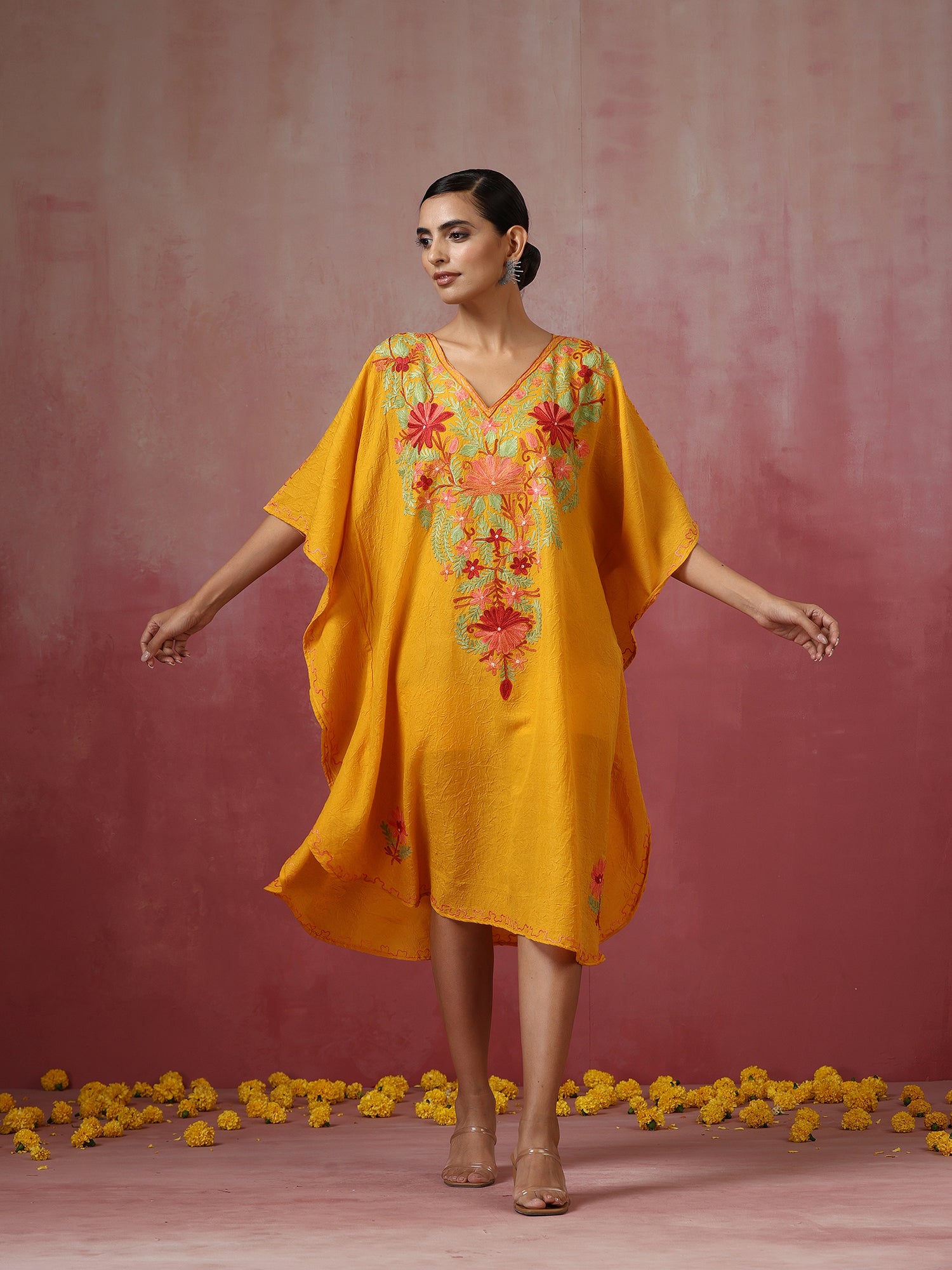 Mustard Yellow Kashmiri Embroidered Short Cotton Kaftan