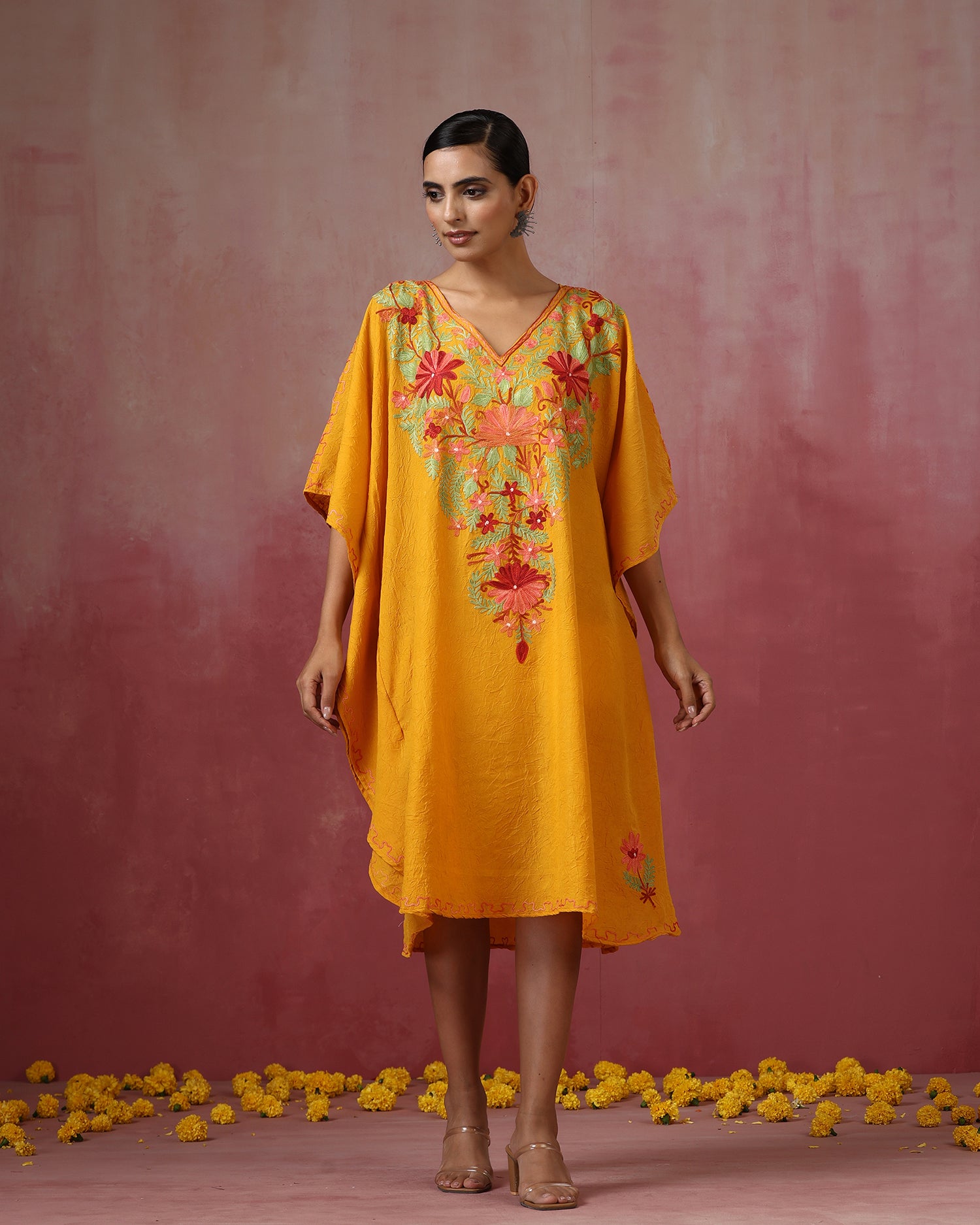 RFSS1421 - Chiffon kaftan in Yellow with heavy embroidery on Yoke main image 0
