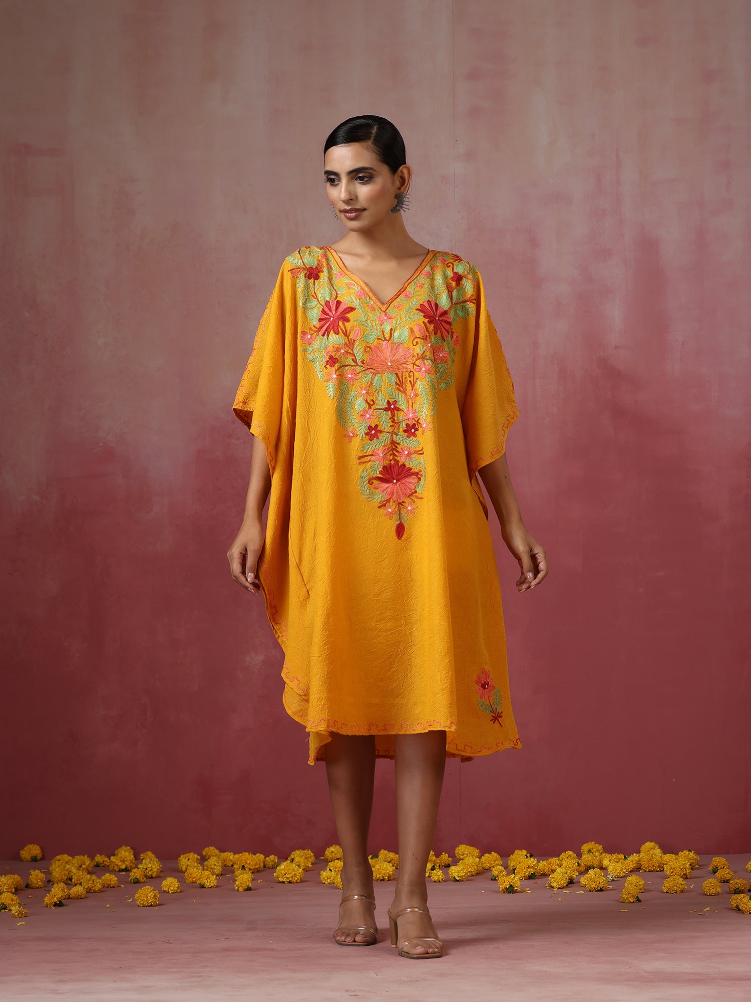 Mustard_Yellow_Kashmiri_Embroidered_Short_Cotton_Kaftan_shop_Namastay