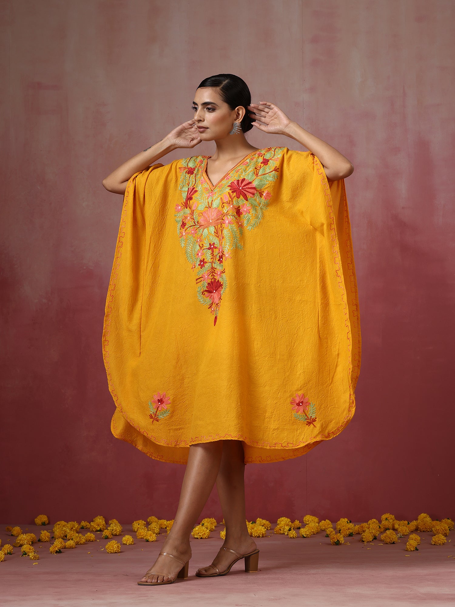 Mustard Yellow Kashmiri Embroidered Short Cotton Kaftan