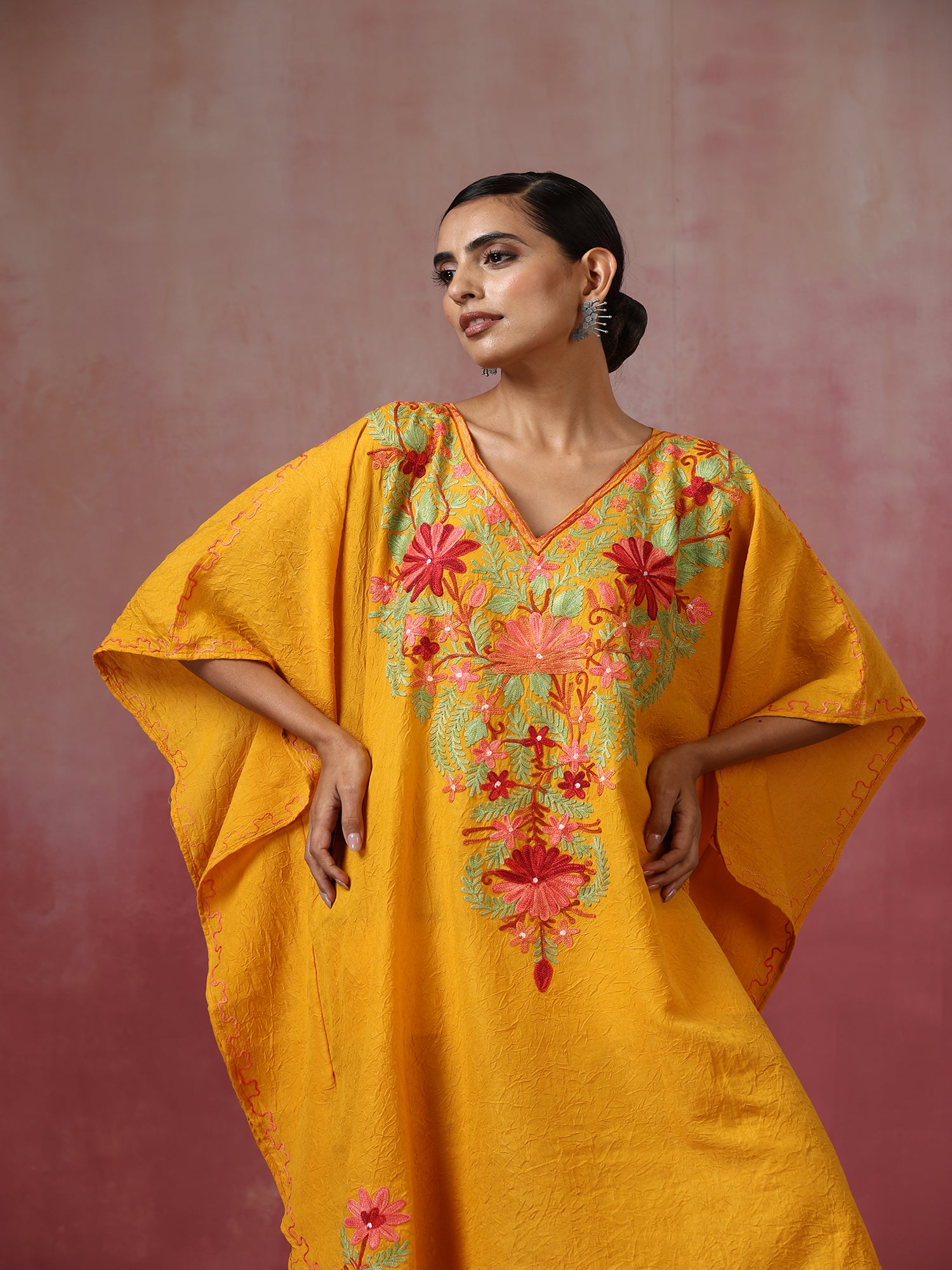 Mustard_Yellow_Kashmiri_Embroidered_Short_Cotton_Kaftan_shop_Namastay