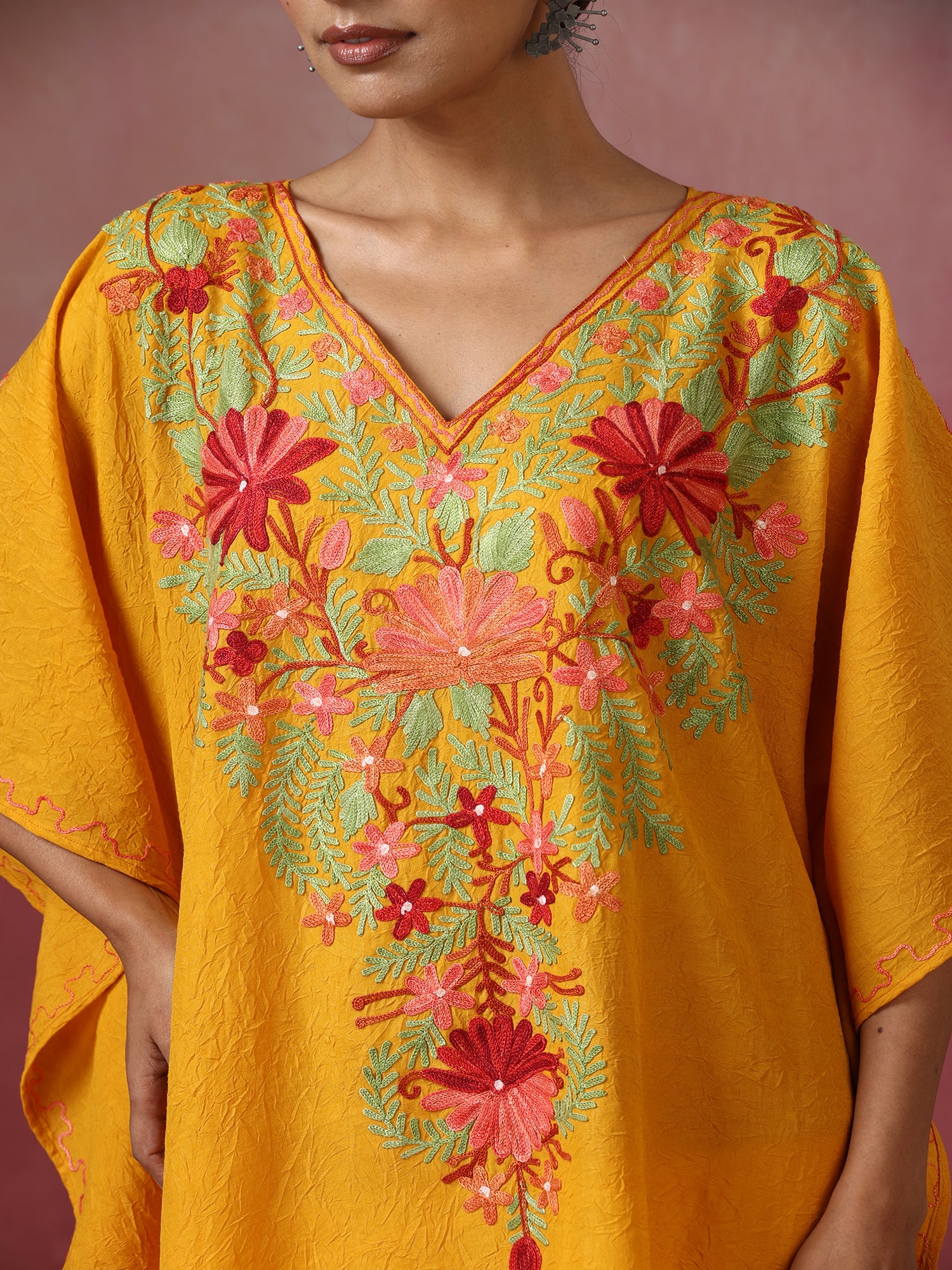 Mustard_Yellow_Kashmiri_Embroidered_Short_Cotton_Kaftan_shop_Namastay
