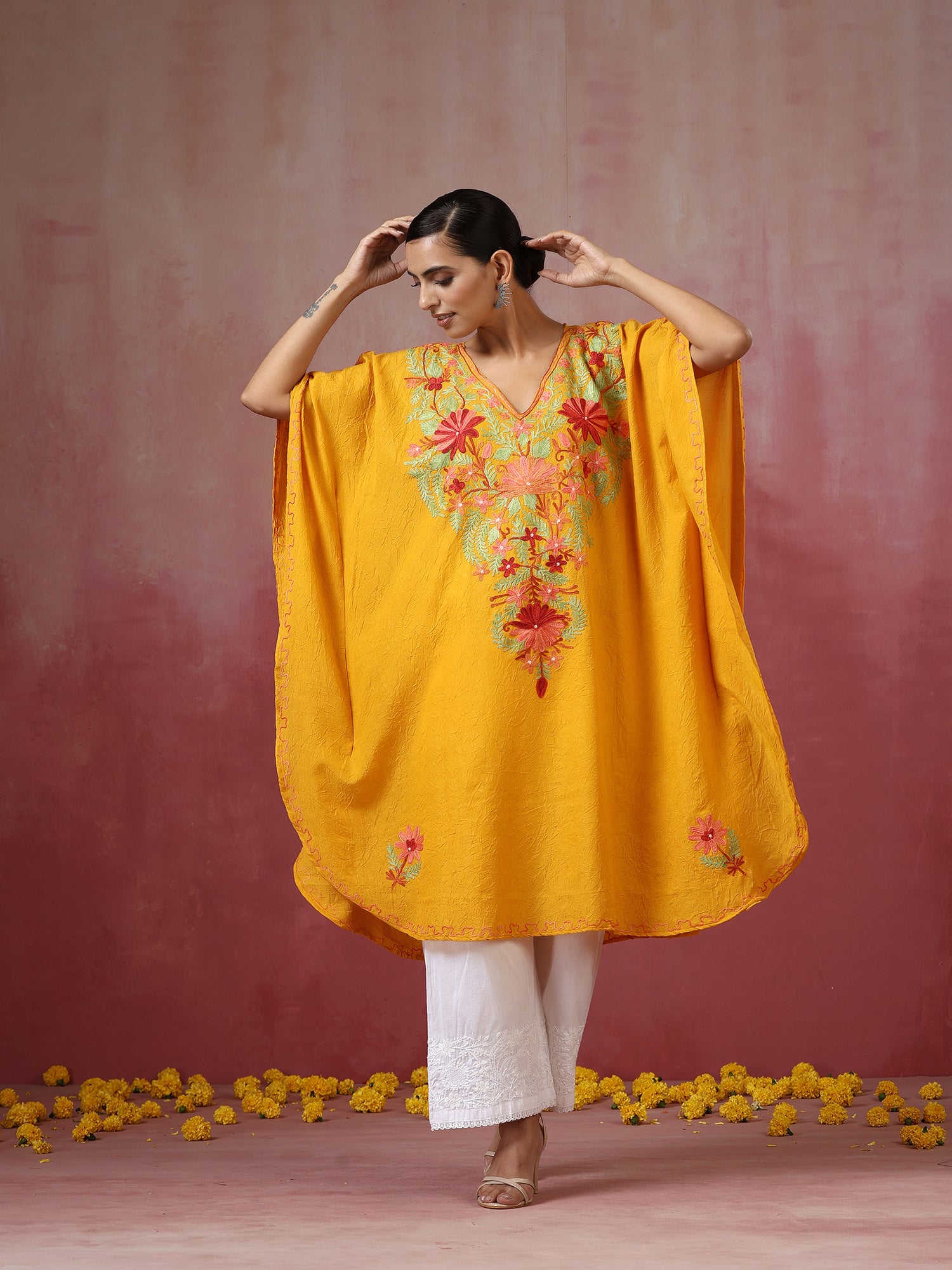 Mustard_Yellow_Kashmiri_Embroidered_Short_Cotton_Kaftan_shop_Namastay