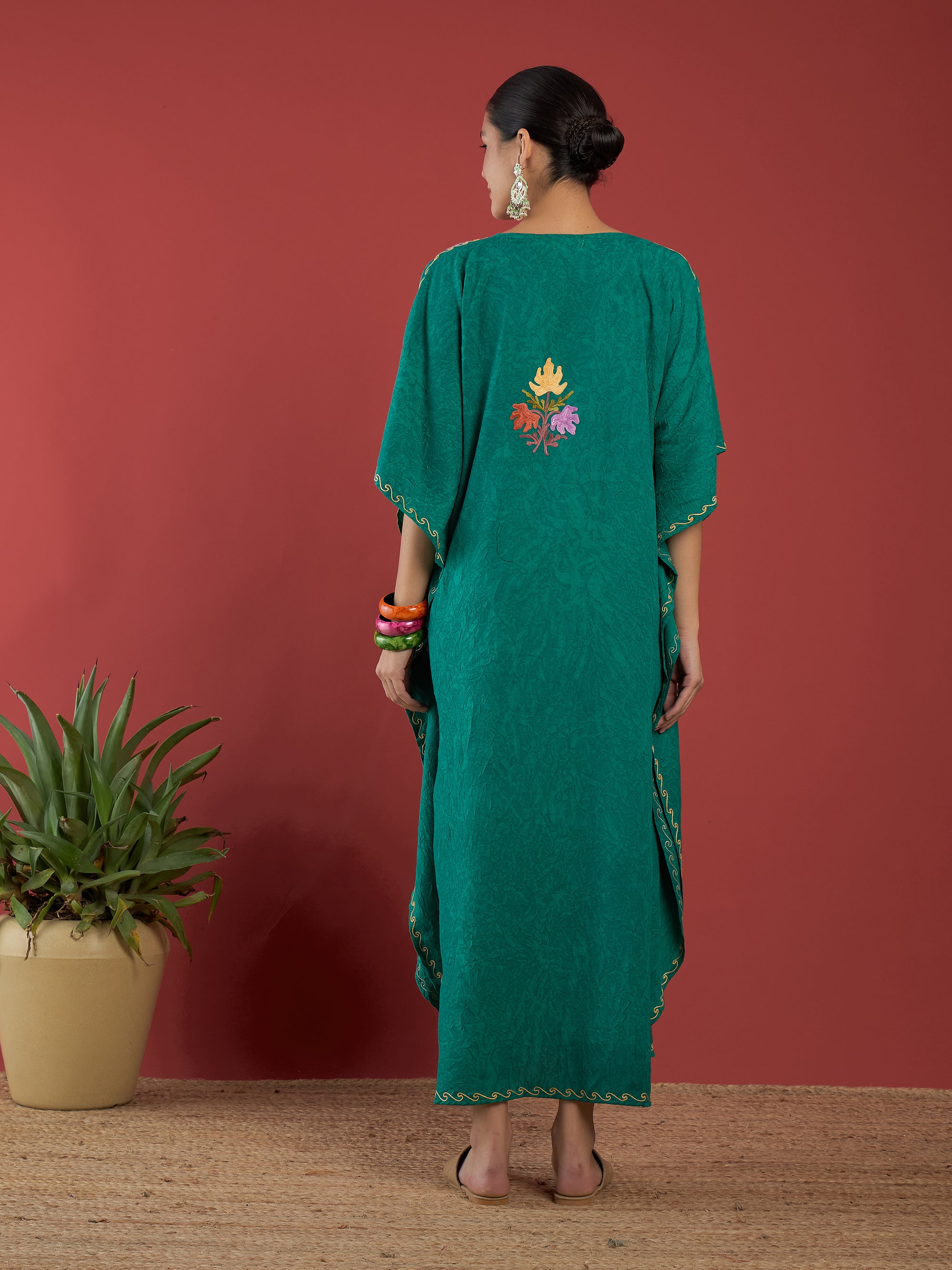 Pine_Green_Aari_Embroidered_Kashmiri_Long_Cotton_Kaftan_shop_Namastay