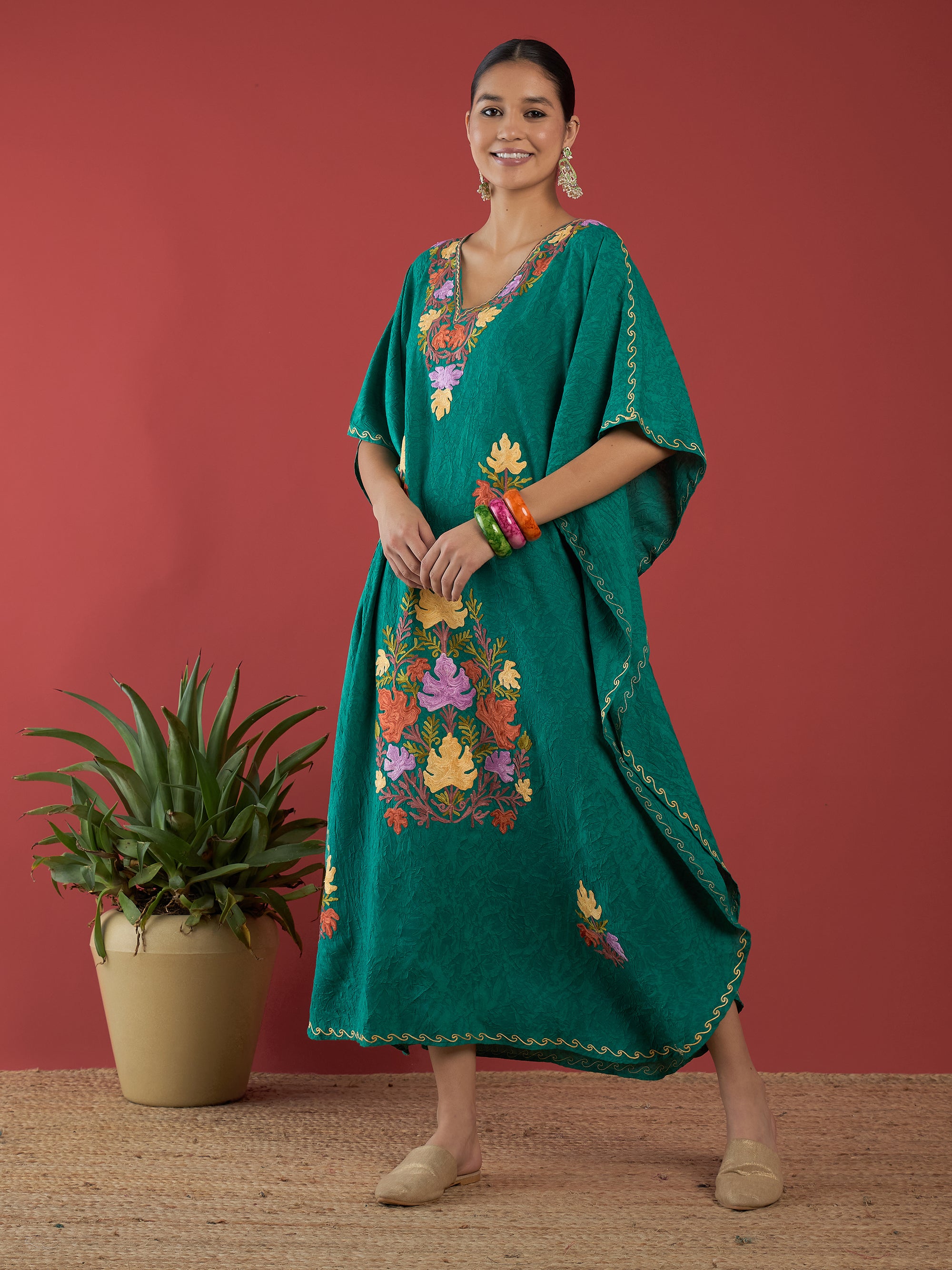 Pine_Green_Aari_Embroidered_Kashmiri_Long_Cotton_Kaftan_shop_Namastay