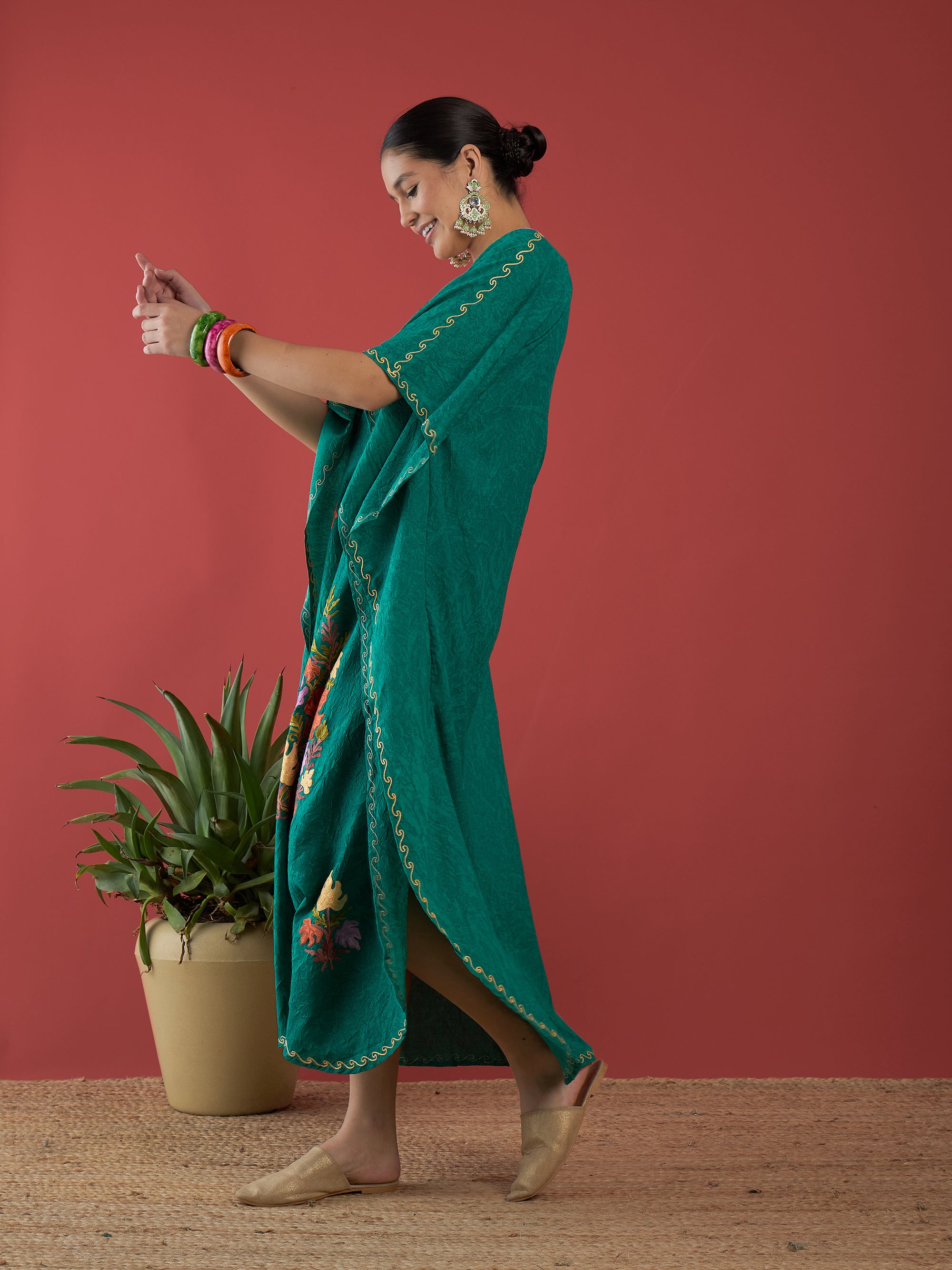 Pine_Green_Aari_Embroidered_Kashmiri_Long_Cotton_Kaftan_shop_Namastay