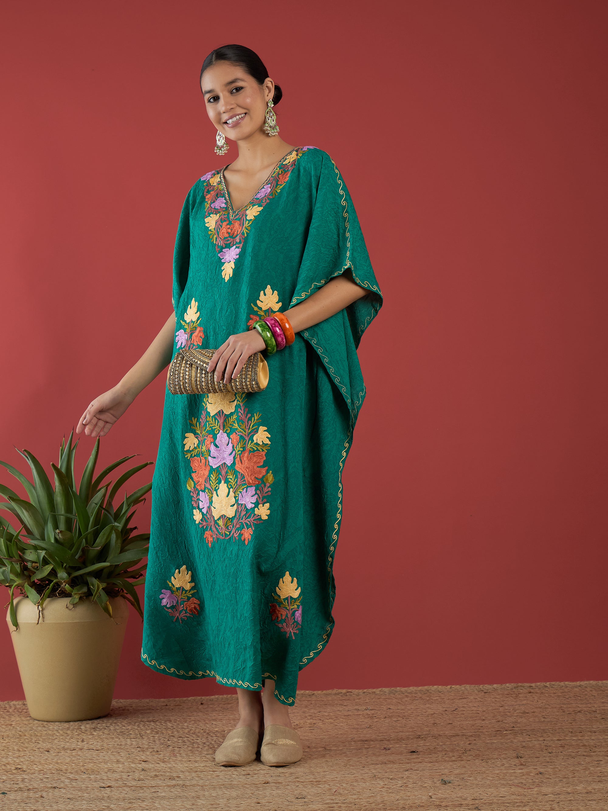 Pine_Green_Aari_Embroidered_Kashmiri_Long_Cotton_Kaftan_shop_Namastay