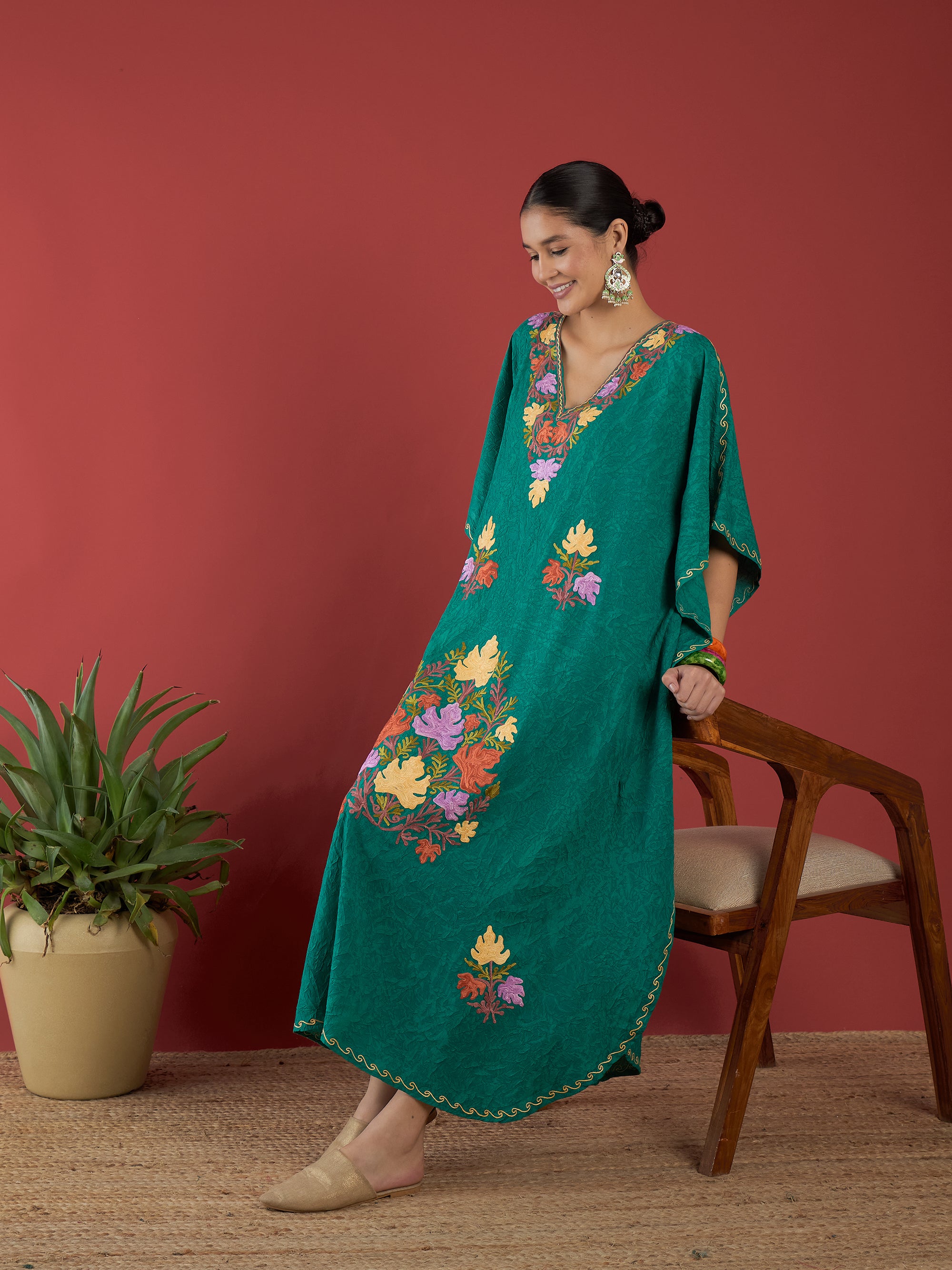 Pine_Green_Aari_Embroidered_Kashmiri_Long_Cotton_Kaftan_shop_Namastay