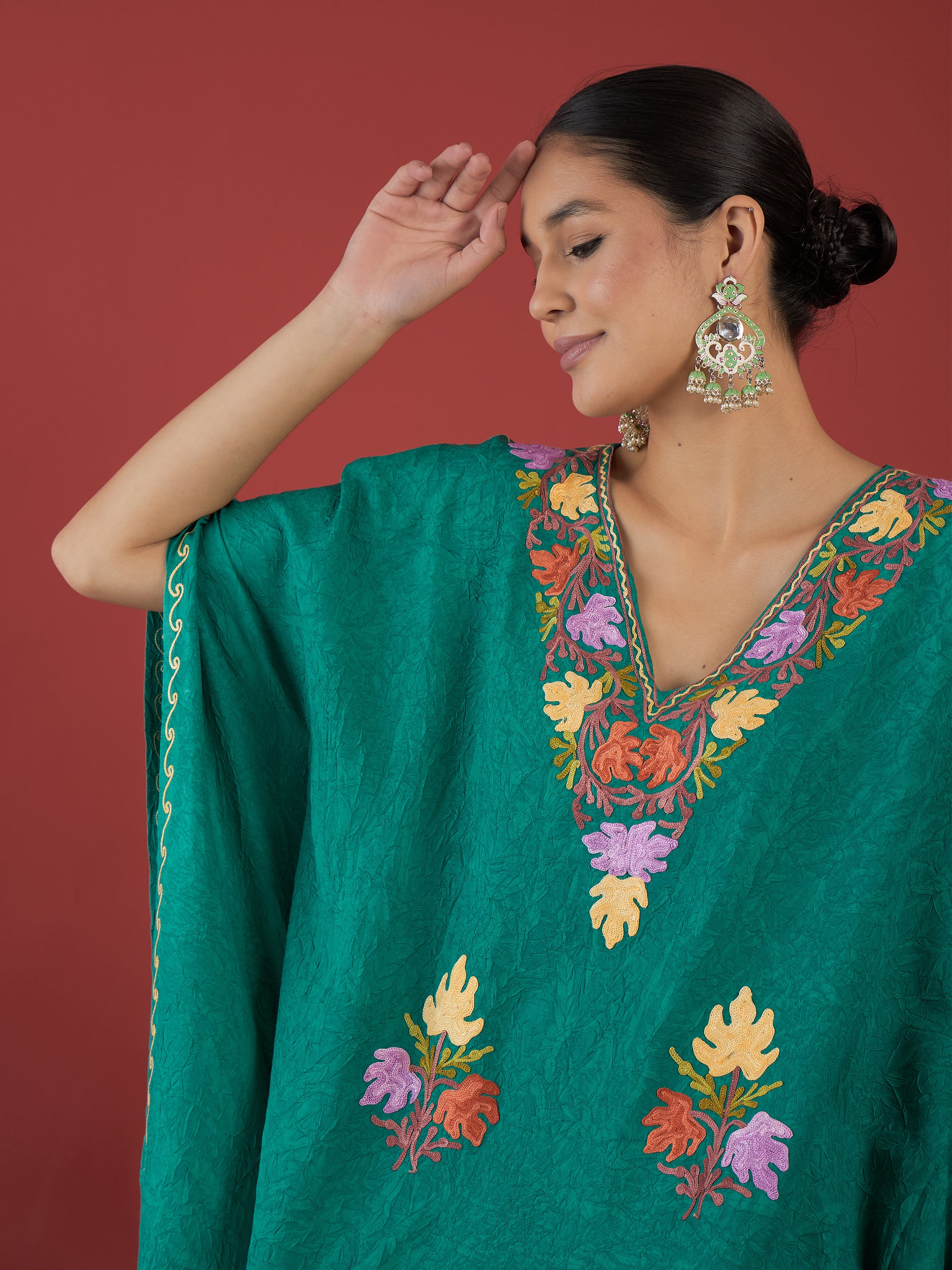 Pine_Green_Aari_Embroidered_Kashmiri_Long_Cotton_Kaftan_shop_Namastay