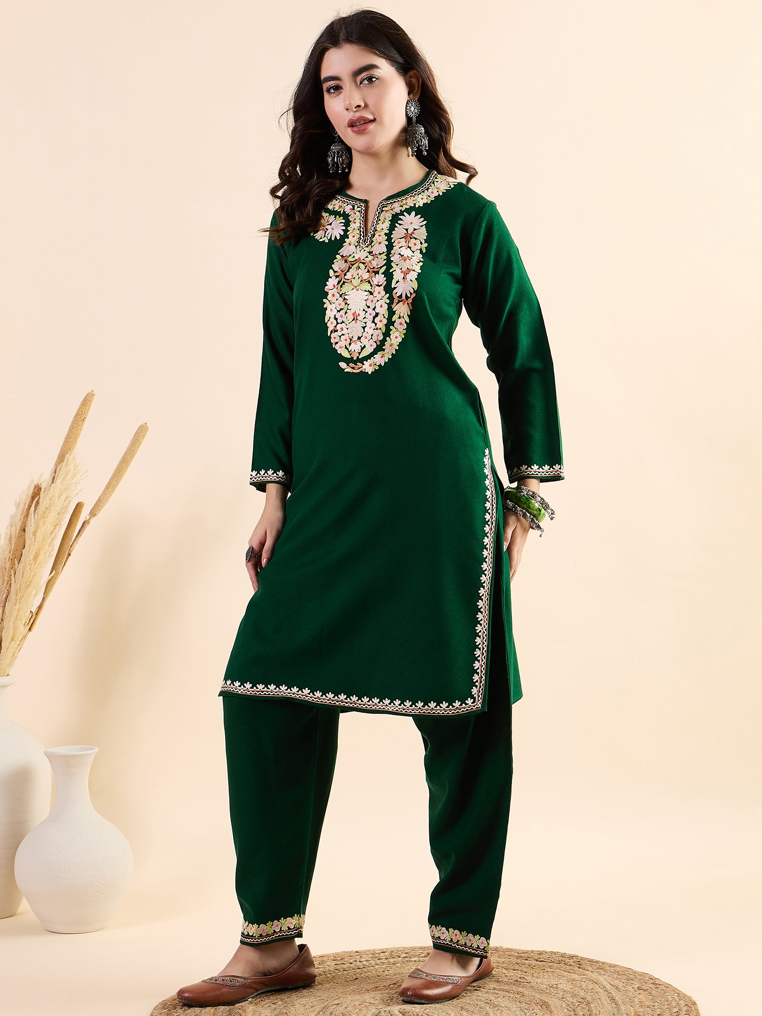 Rima_Green_Kashmiri_Woollen_Kurta_Co-ord_Set_shop_Namastay