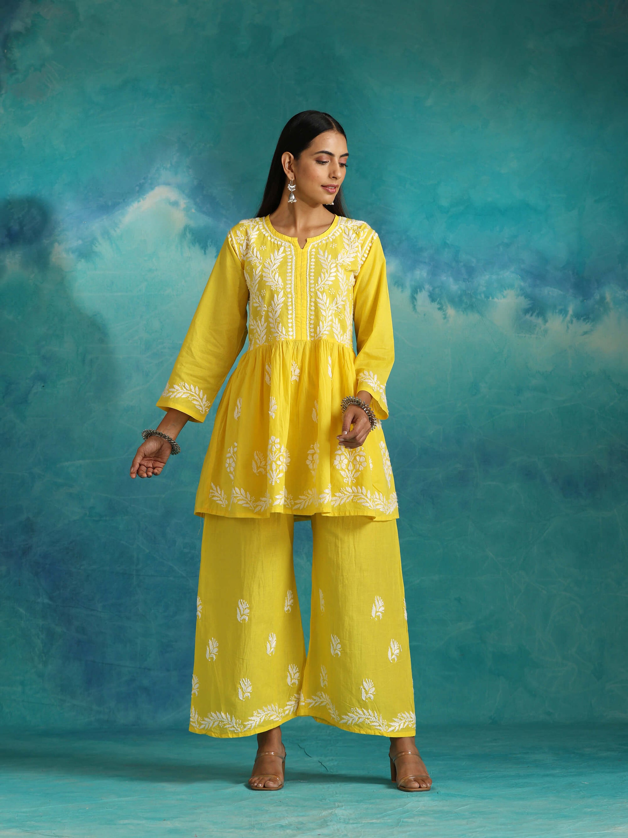 Sara_Yellow_Short_Chikankari_Anarkali_Cotton_Kurta_Set_shop_Namastay