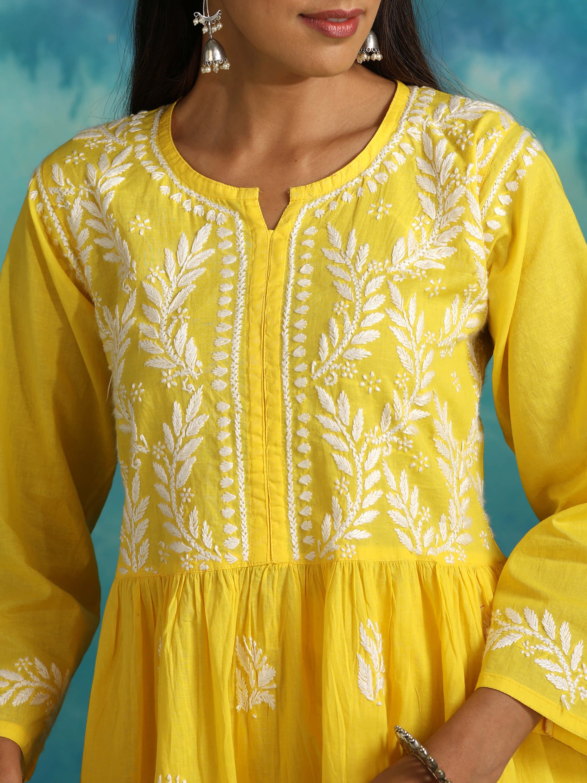 Sara_Yellow_Short_Chikankari_Anarkali_Cotton_Kurta_Set_shop_Namastay