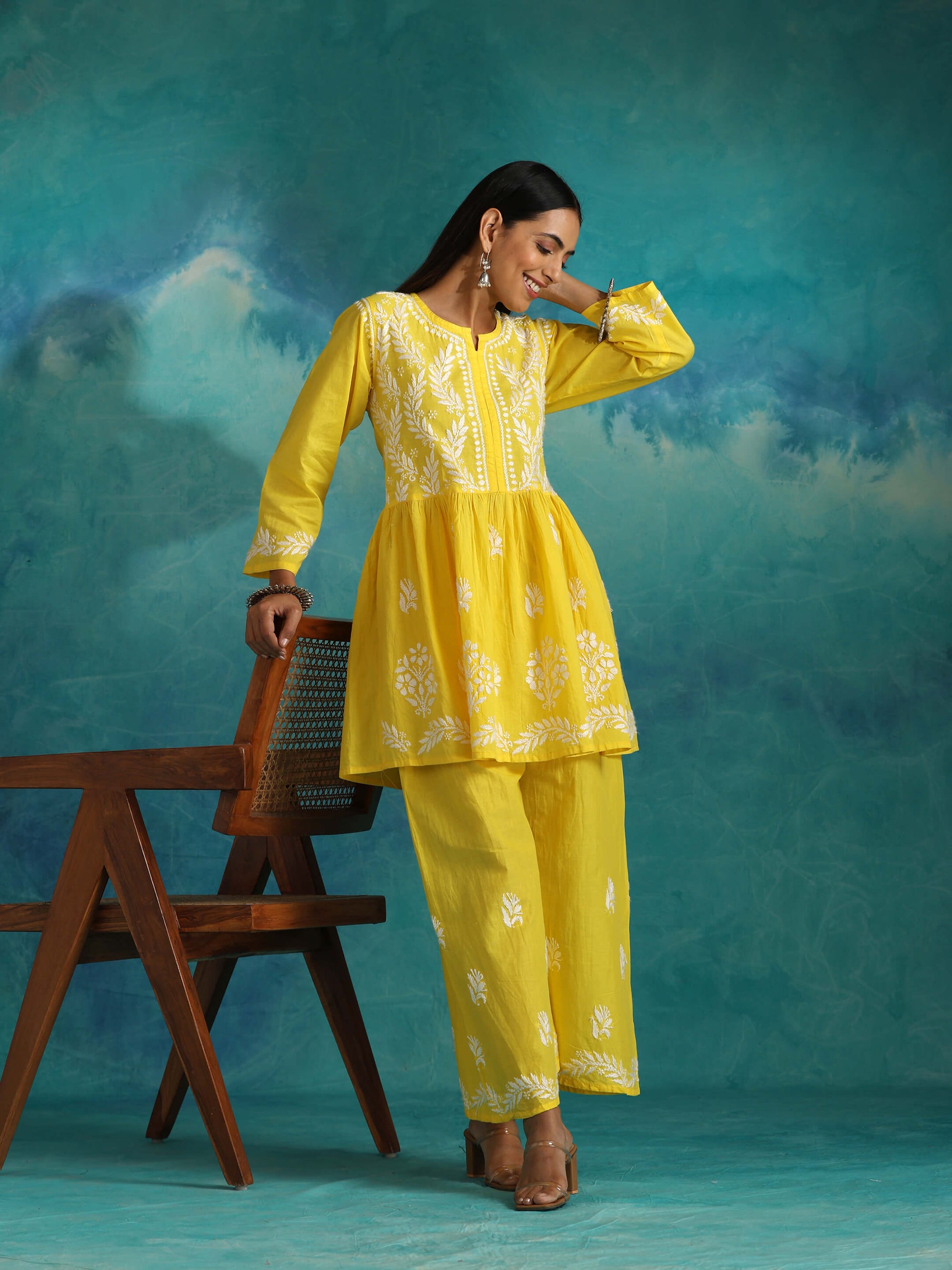 Sara_Yellow_Short_Chikankari_Anarkali_Cotton_Kurta_Set_shop_Namastay