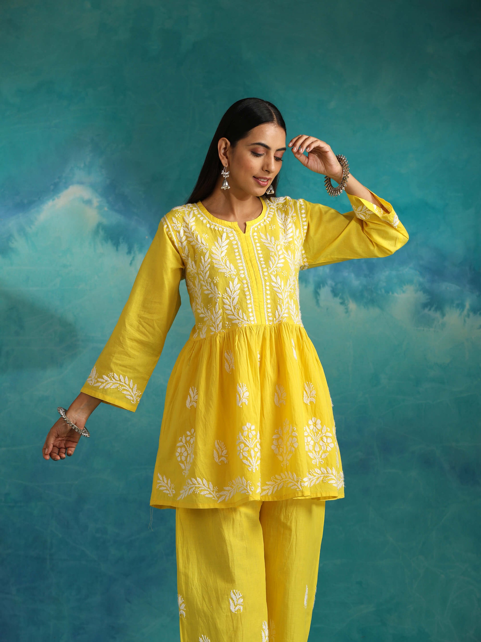 Sara_Yellow_Short_Chikankari_Anarkali_Cotton_Kurta_Set_shop_Namastay