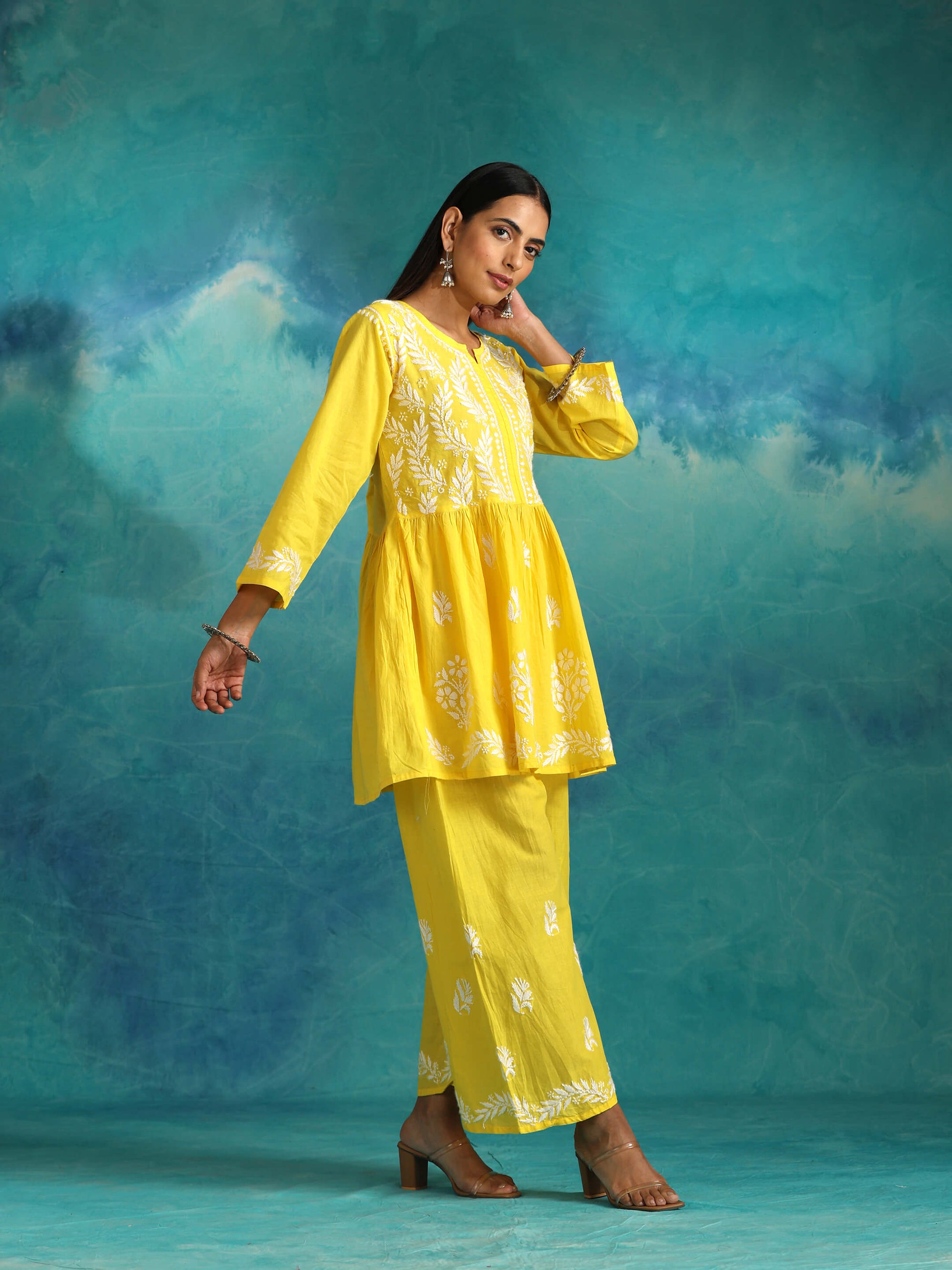 Sara Yellow Short Chikankari Anarkali Cotton Kurta Set
