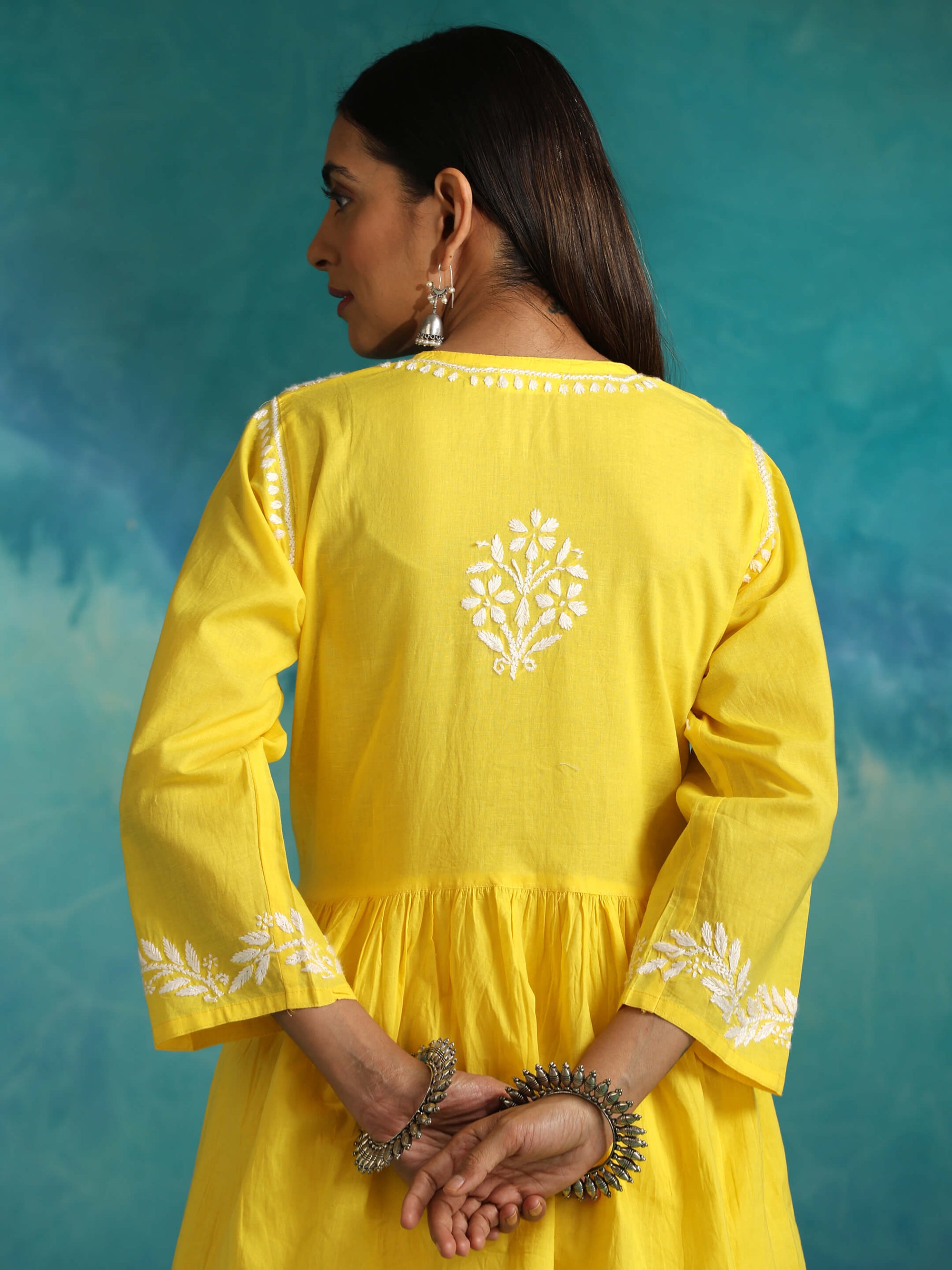 Sara Yellow Short Chikankari Anarkali Cotton Kurta Set