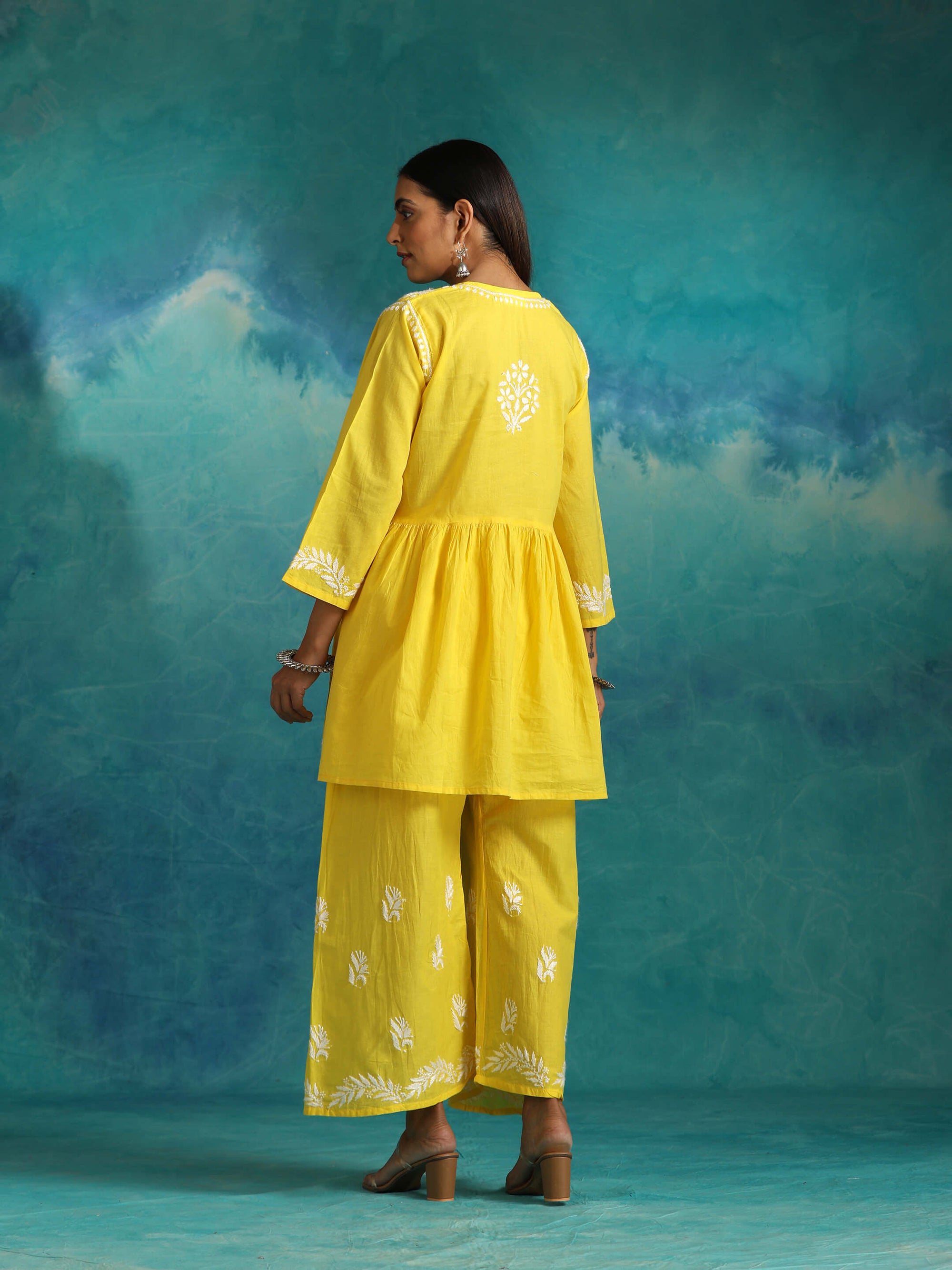 Sara Yellow Short Chikankari Anarkali Cotton Kurta Set
