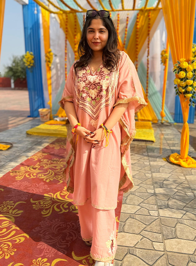 Heer Pastel Pink Fringe Kashmiri Cotton Kaftan Coord Set