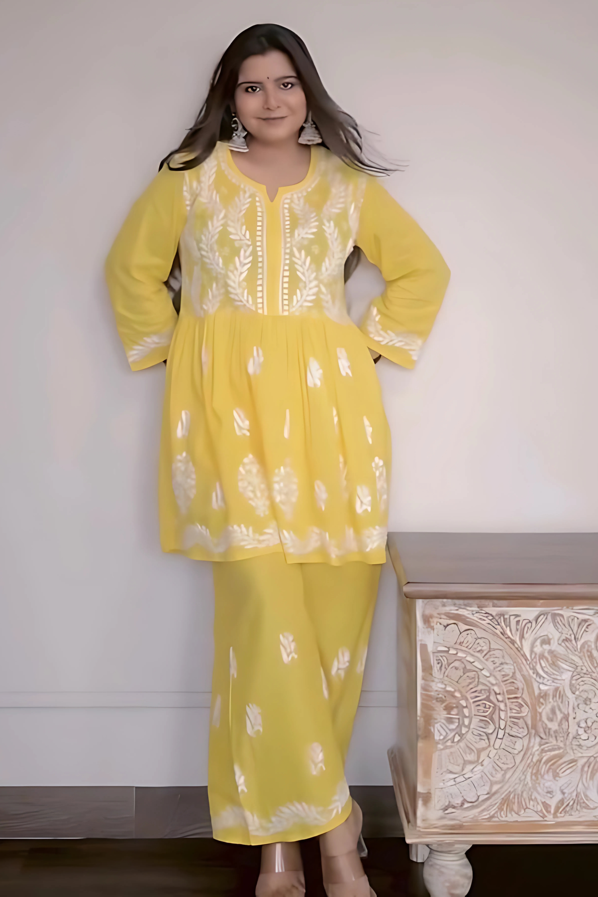 Sara_Yellow_Short_Chikankari_Anarkali_Cotton_Kurta_Set_shop_Namastay