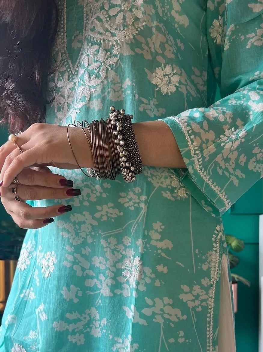 adah mul light blue chikan kurta with jewellery