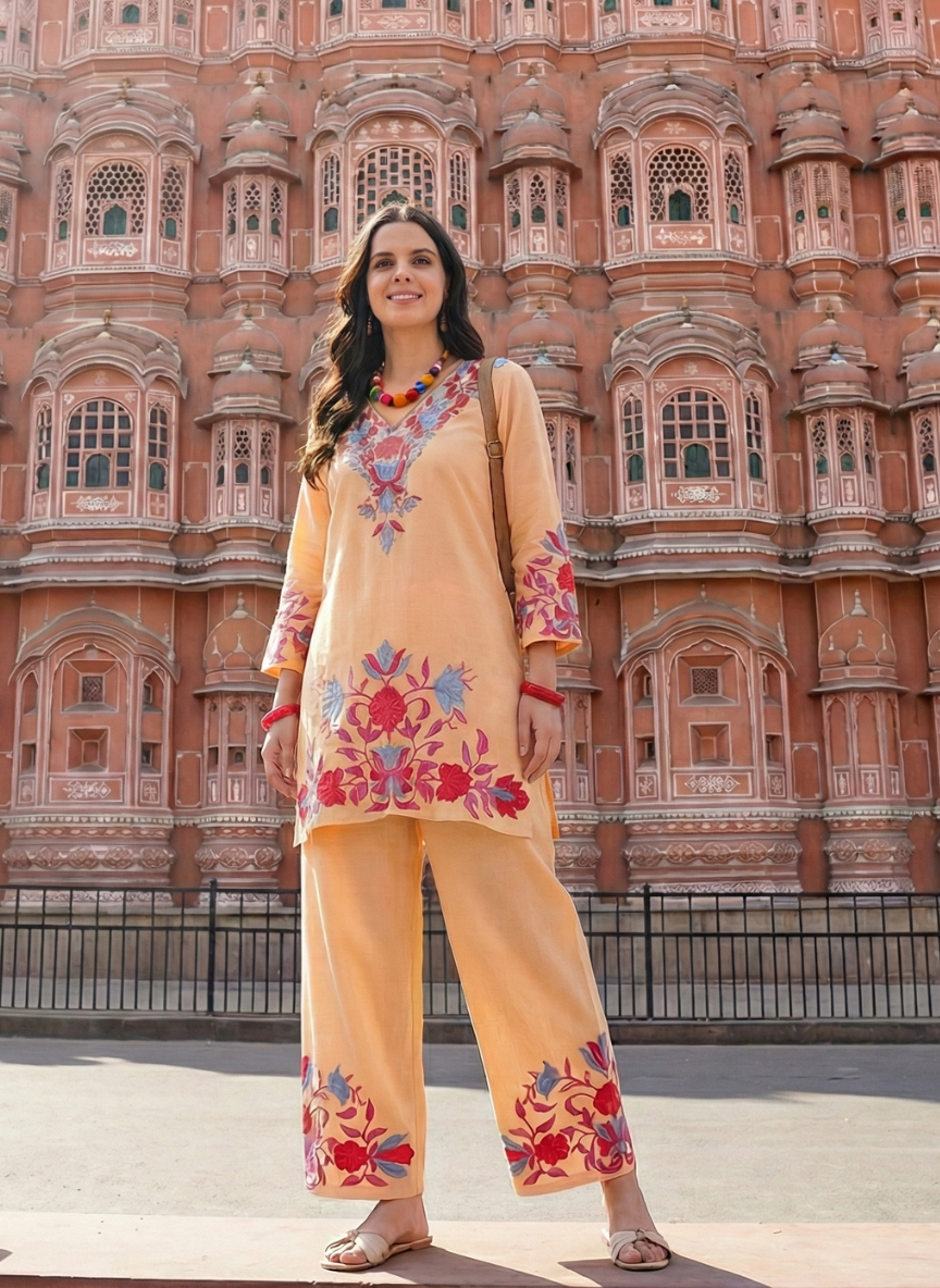 Amina Peach Cotton Kashmiri Kurta and Pants Set