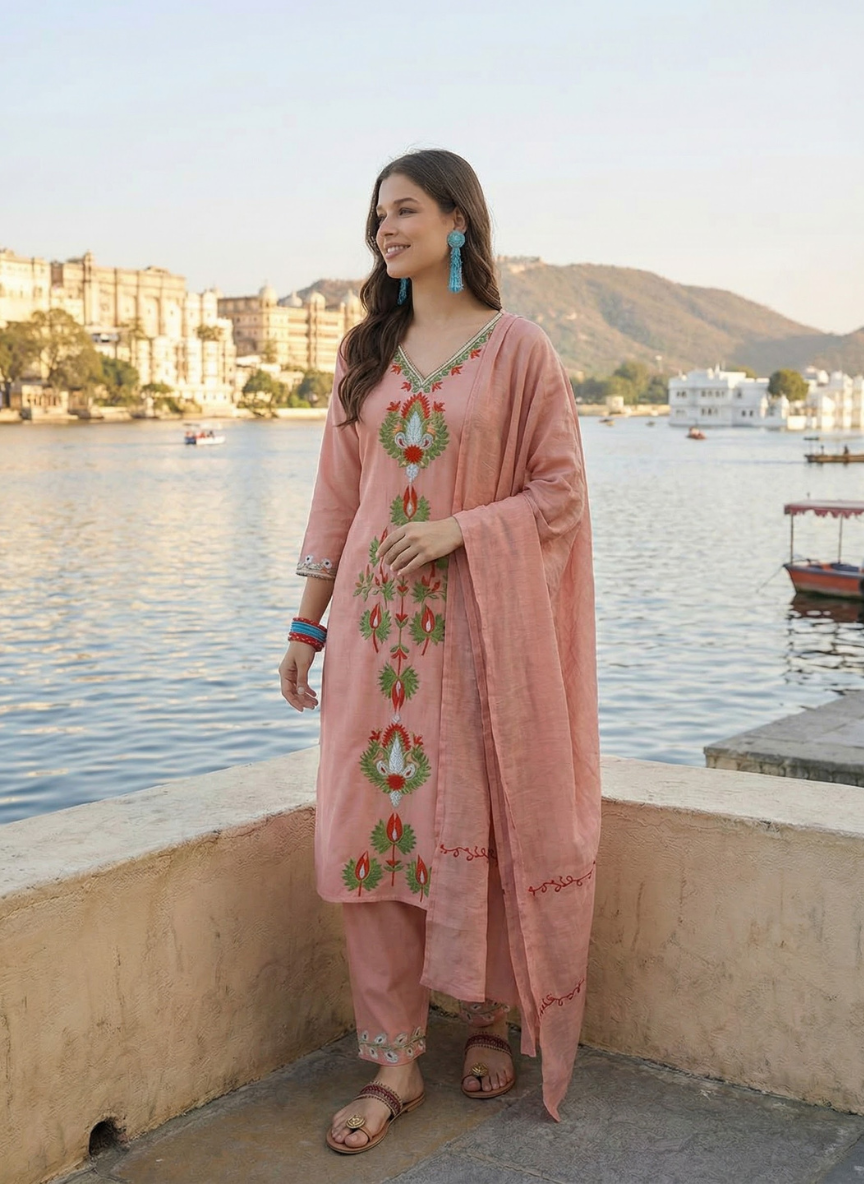 Azra Pink Cotton Kashmiri Kurta Suit Set with Dupatta