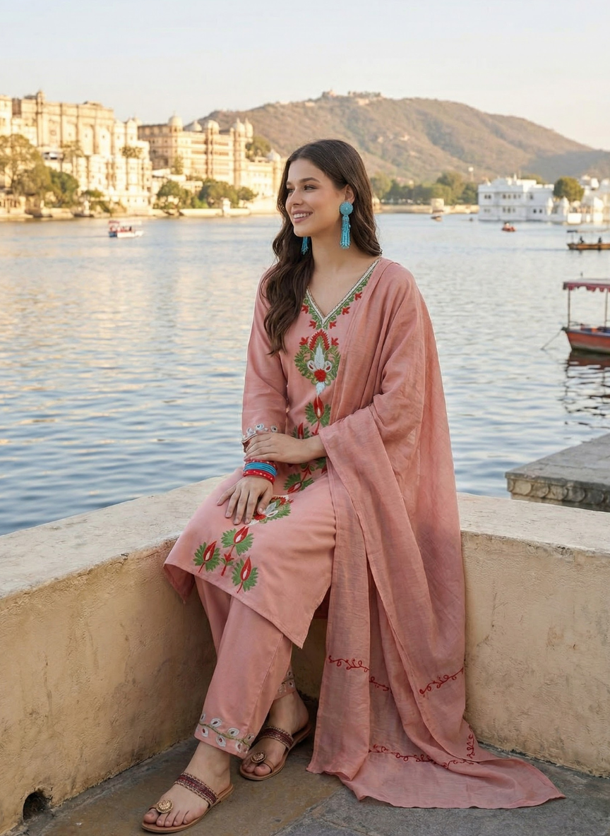 Azra Pink Cotton Kashmiri Kurta Suit Set with Dupatta