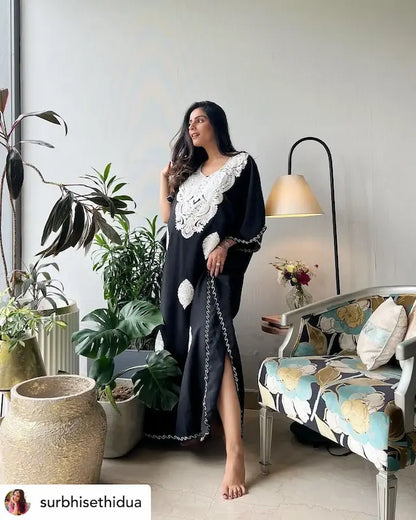 black kashmiri embroidered kaftan long 1