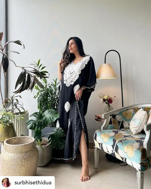 black kashmiri embroidered kaftan long 1