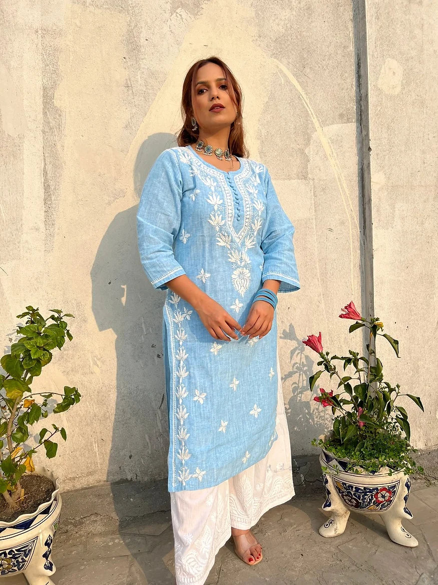 denim blue hand embroidered kurta 1