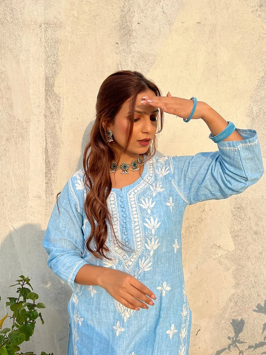 denim blue hand embroidered kurta 4