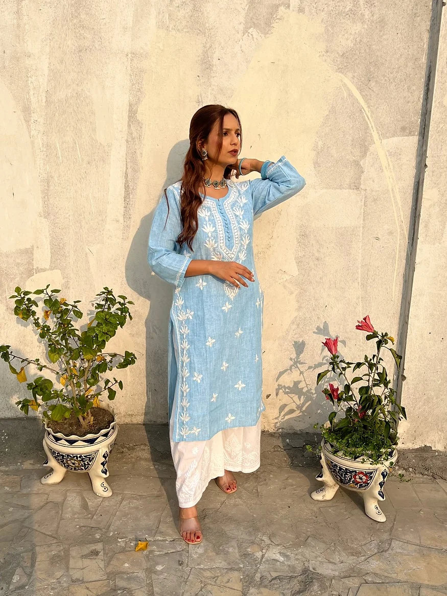 Zeenat_Denim_Blue_Hand_Embroiderd_Cotton_Kurta_shop_Namastay
