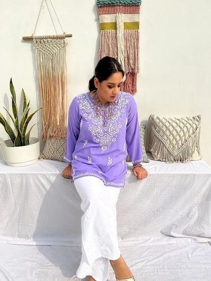 farsana lilac short chikankari kurta 3